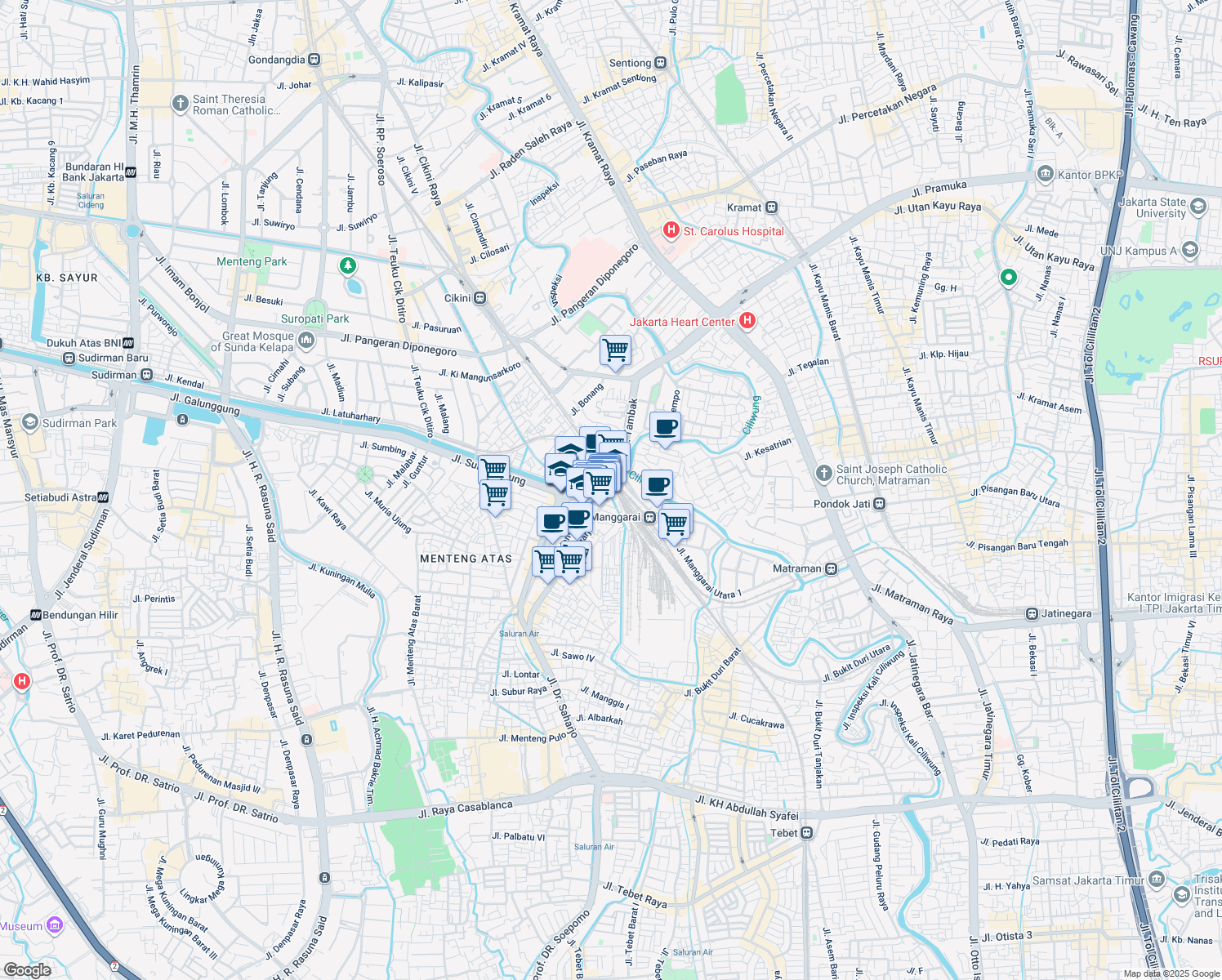 map of restaurants, bars, coffee shops, grocery stores, and more near Jalan Sultan Agung in Kota Jakarta Selatan