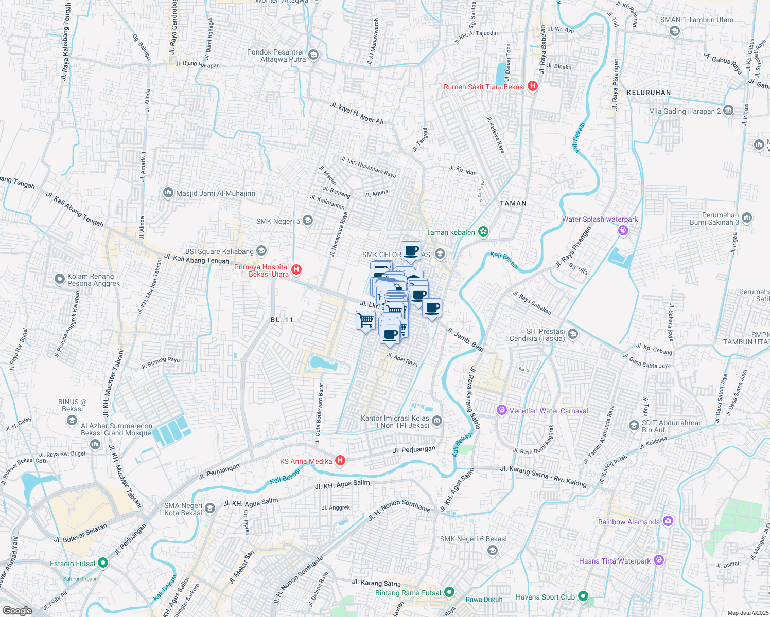 map of restaurants, bars, coffee shops, grocery stores, and more near Jalan Kaliabang in Kota Bekasi