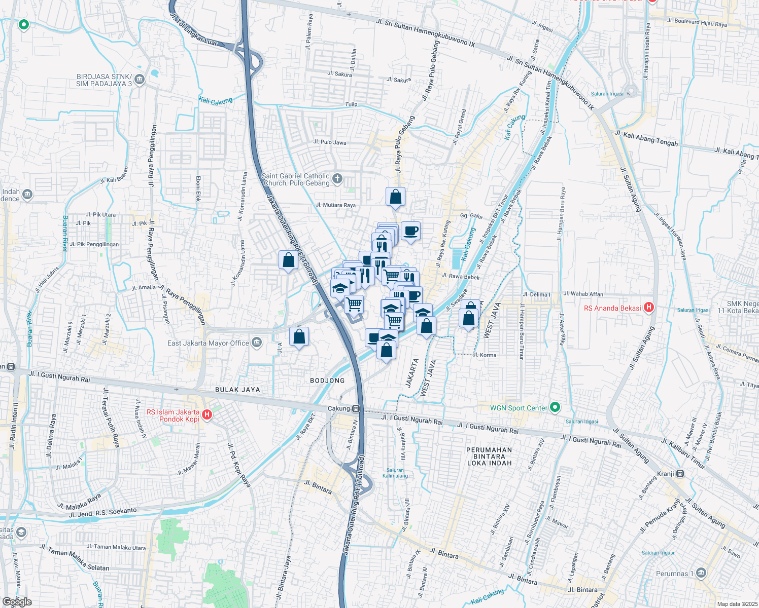 map of restaurants, bars, coffee shops, grocery stores, and more near 8 Jalan Warga Bakti in Kota Jakarta Timur