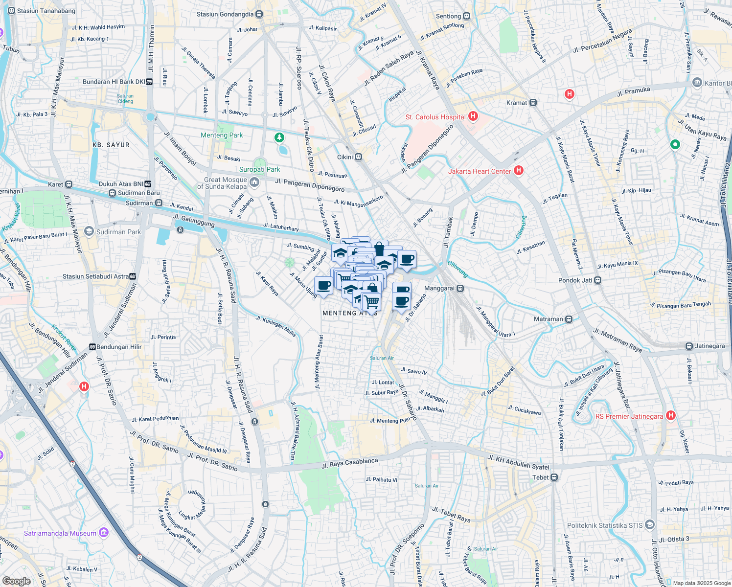 map of restaurants, bars, coffee shops, grocery stores, and more near Jalan Menteng Wadas Timur in Djakarta
