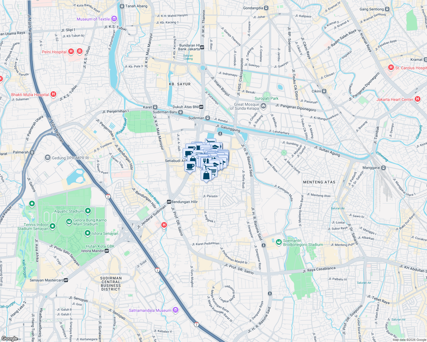 map of restaurants, bars, coffee shops, grocery stores, and more near 1a Jalan Setia Budi Barat in Kota Jakarta Selatan