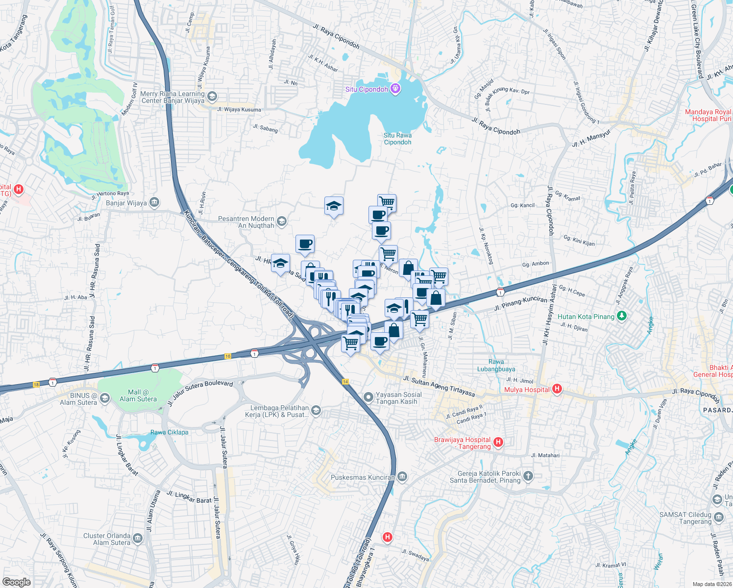 map of restaurants, bars, coffee shops, grocery stores, and more near Jalan Haji Jali in Tangerang