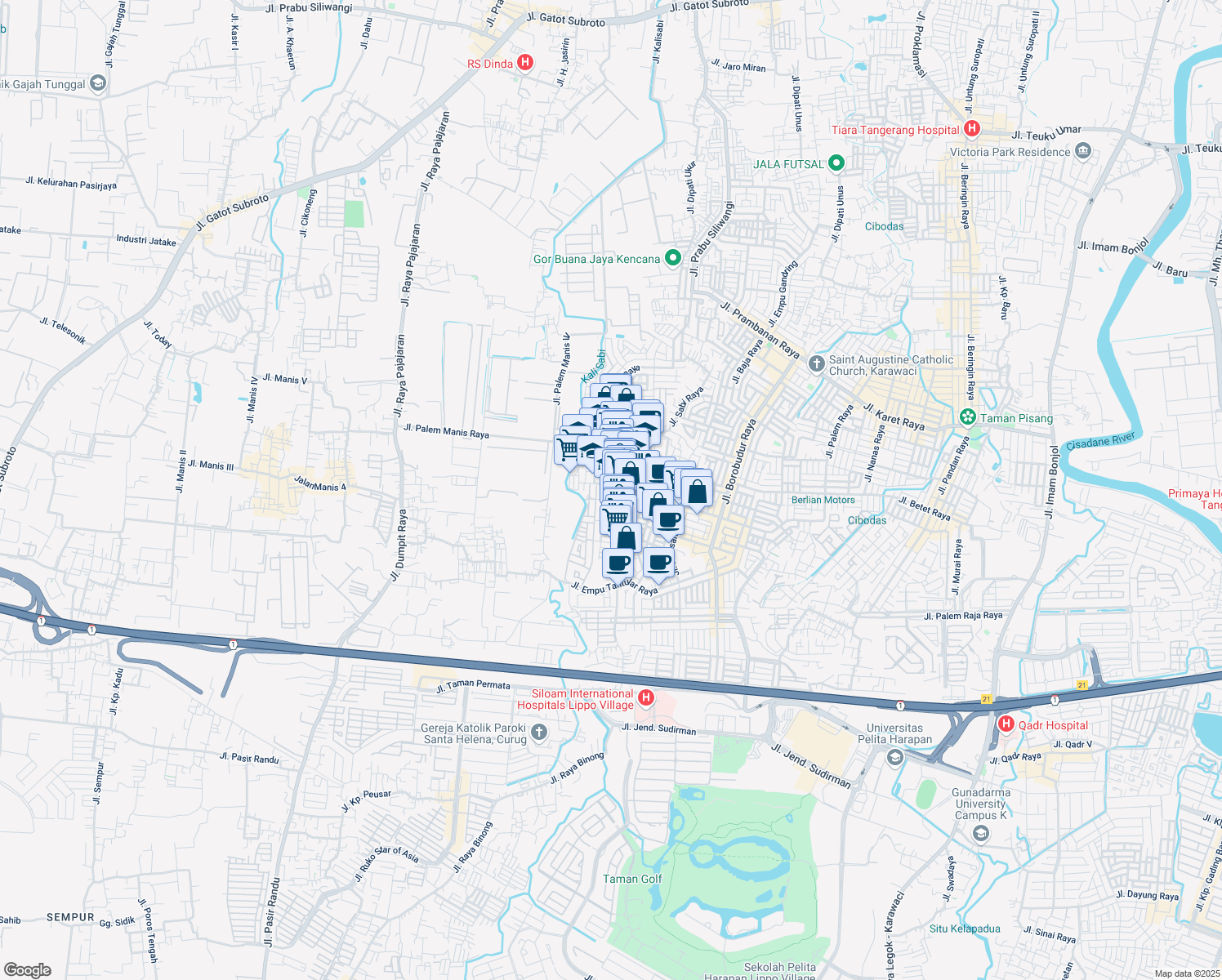 map of restaurants, bars, coffee shops, grocery stores, and more near 20 Jalan Tembaga Raya in Tangerang