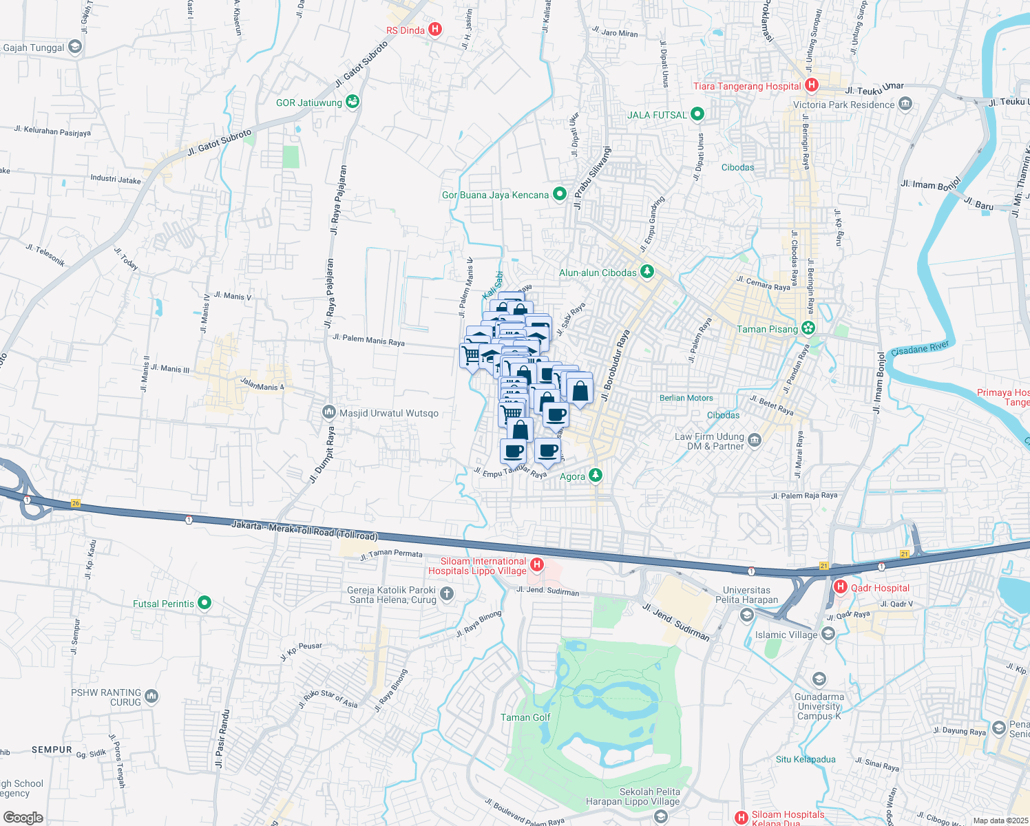 map of restaurants, bars, coffee shops, grocery stores, and more near 20 Jalan Tembaga Raya in Kota Tangerang