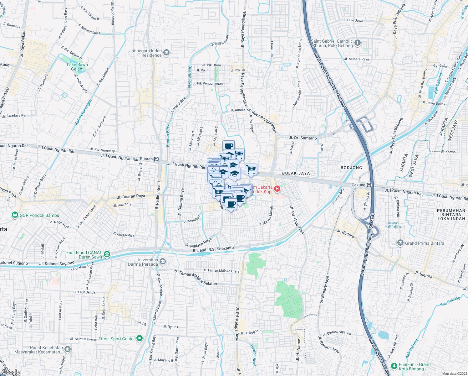 map of restaurants, bars, coffee shops, grocery stores, and more near 120-117 Gang 5 in Kota Jakarta Timur