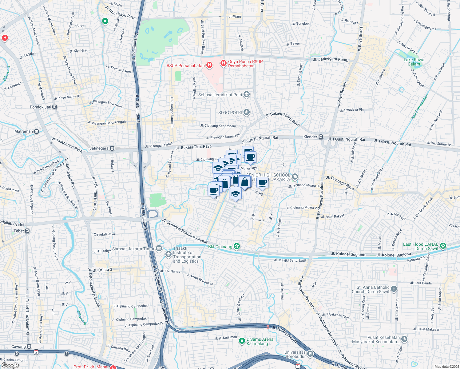 map of restaurants, bars, coffee shops, grocery stores, and more near 27 Jln. Pulomaja in Kota Jakarta Timur