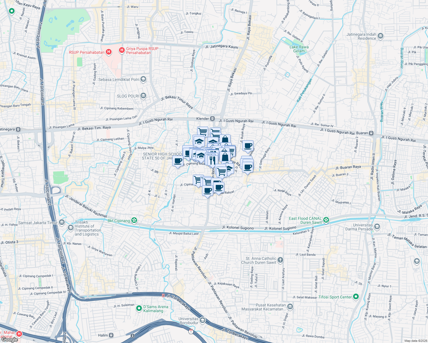 map of restaurants, bars, coffee shops, grocery stores, and more near No.2 Jalan Pahlawan Revolusi in Kota Jakarta Timur