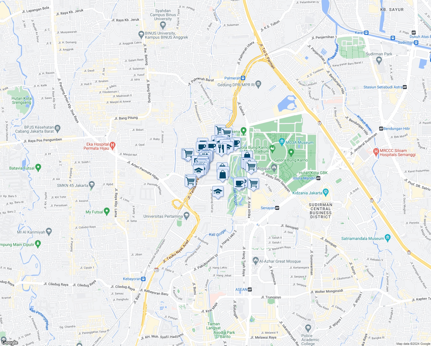 map of restaurants, bars, coffee shops, grocery stores, and more near in Kota Jakarta Selatan