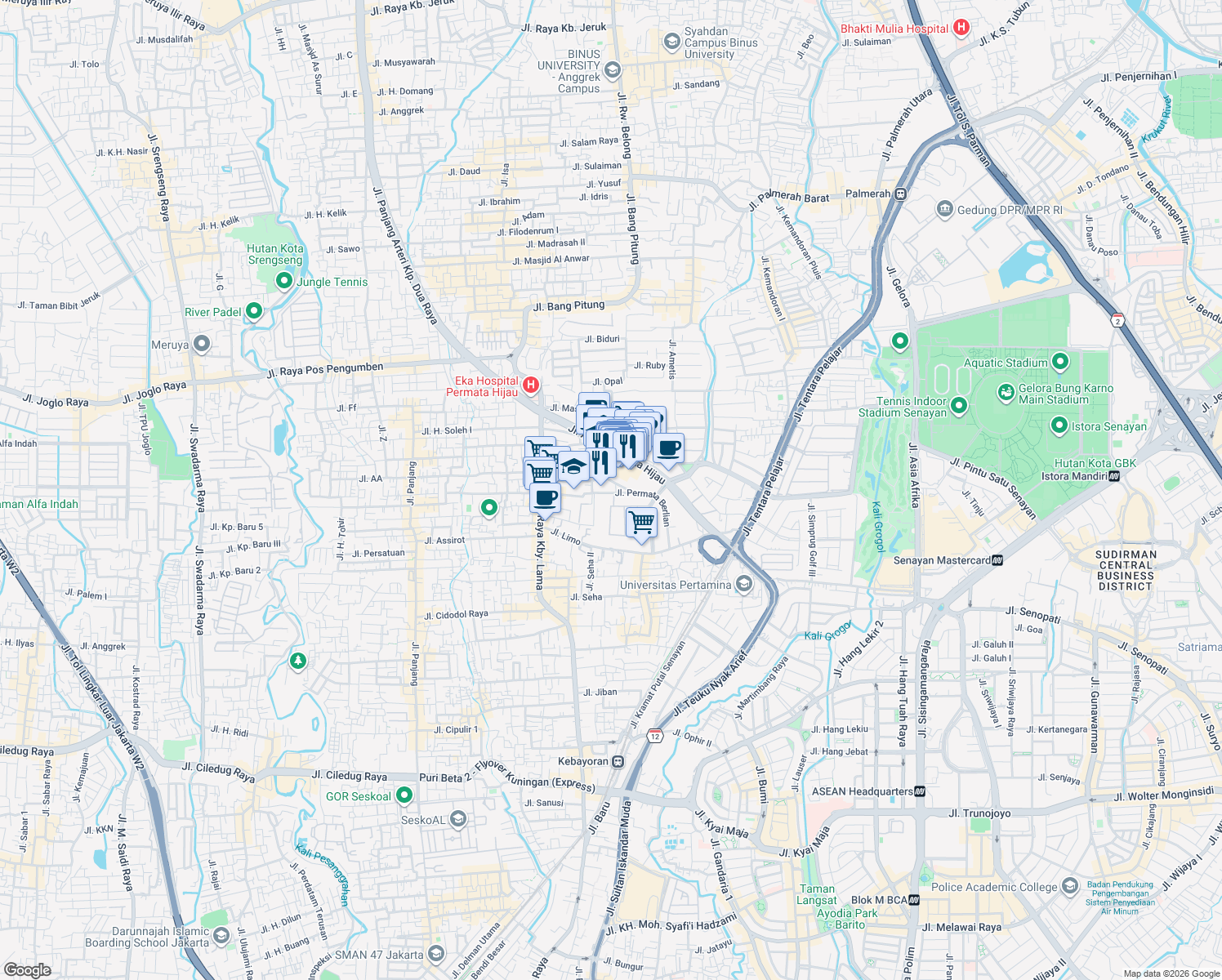 map of restaurants, bars, coffee shops, grocery stores, and more near V Jalan Permata Berlian in Kota Jakarta Selatan
