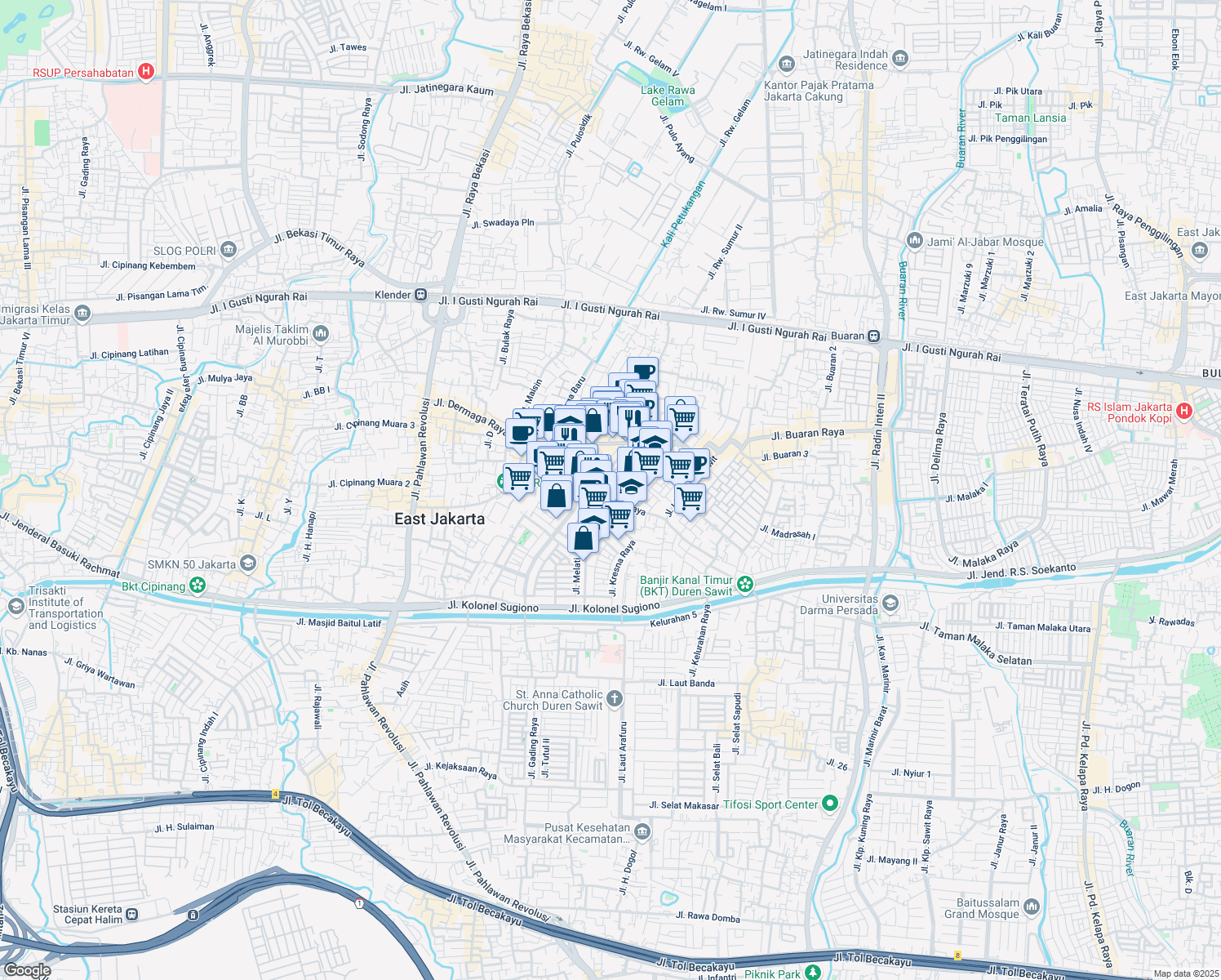 map of restaurants, bars, coffee shops, grocery stores, and more near 7 Jalan Flamboyan in Kota Jakarta Timur
