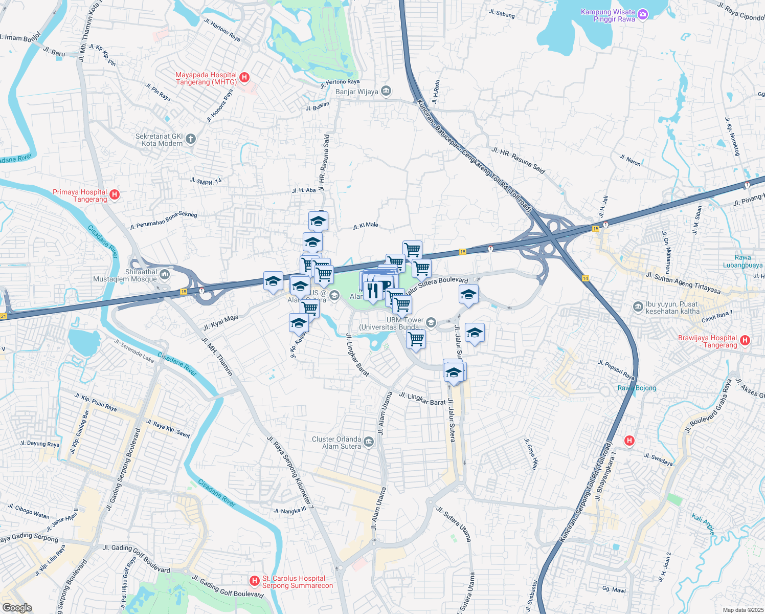 map of restaurants, bars, coffee shops, grocery stores, and more near 18 Jalan Jalur Sutera Barat in Kota Tangerang