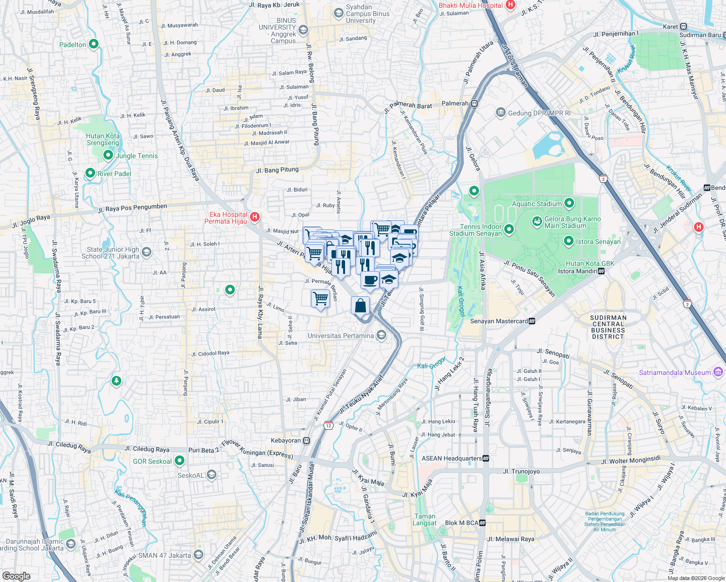 map of restaurants, bars, coffee shops, grocery stores, and more near 68A Jalan Kemandoran VIII in Kota Jakarta Selatan