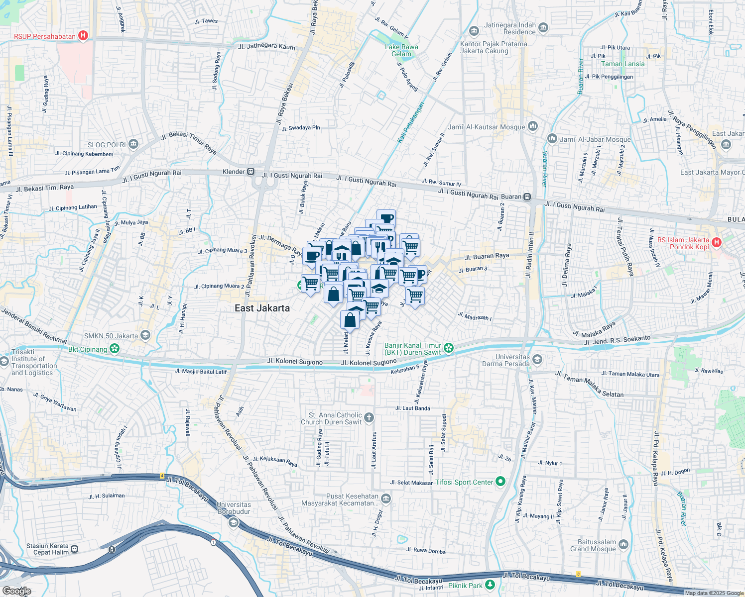 map of restaurants, bars, coffee shops, grocery stores, and more near 7 Jalan Flamboyan in Kota Jakarta Timur