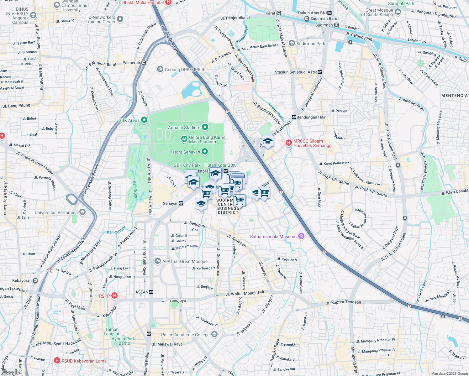 map of restaurants, bars, coffee shops, grocery stores, and more near 52-53 Jalan Jendral Sudirman in Kota Jakarta Selatan