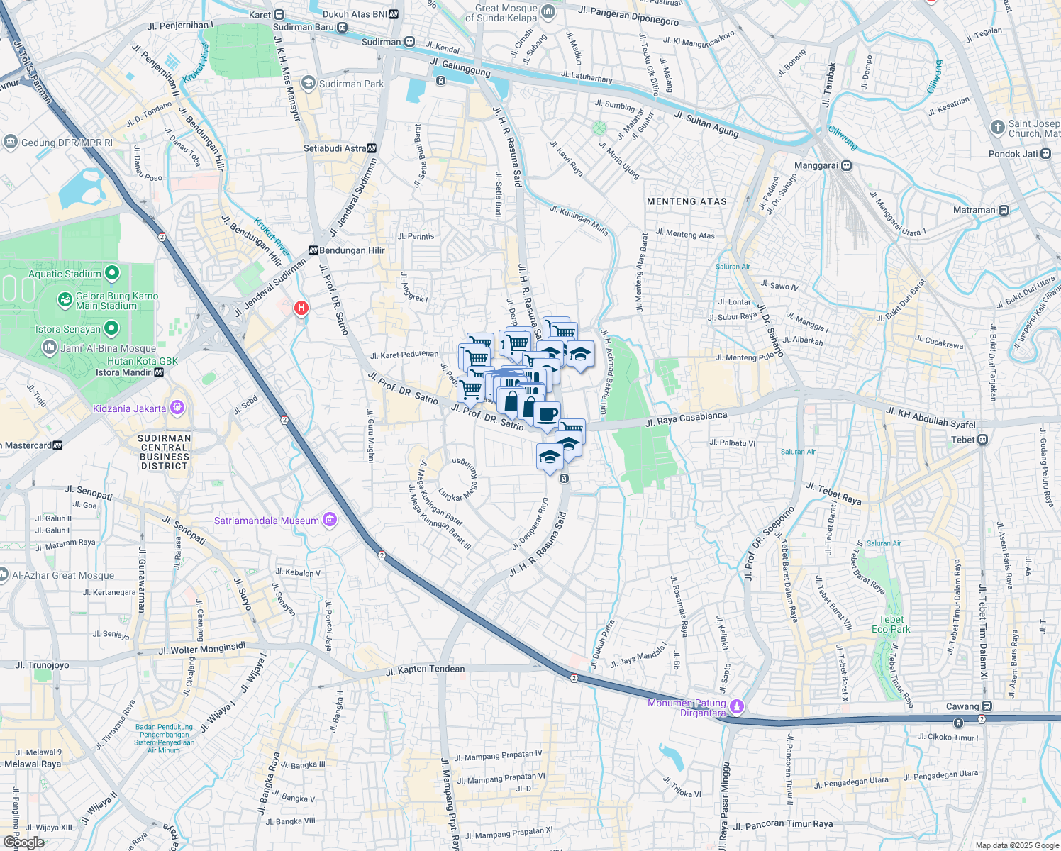 map of restaurants, bars, coffee shops, grocery stores, and more near Jalan Professor Doktor Satrio in Kota Jakarta Selatan
