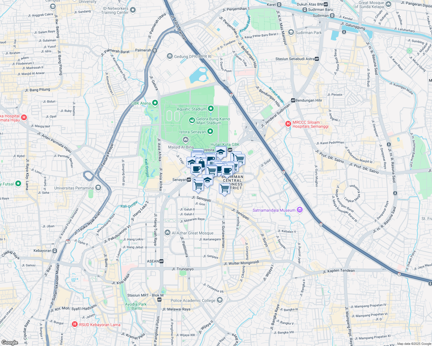 map of restaurants, bars, coffee shops, grocery stores, and more near Kav 58 Jalan Jenderal Sudirman in Kota Jakarta Selatan