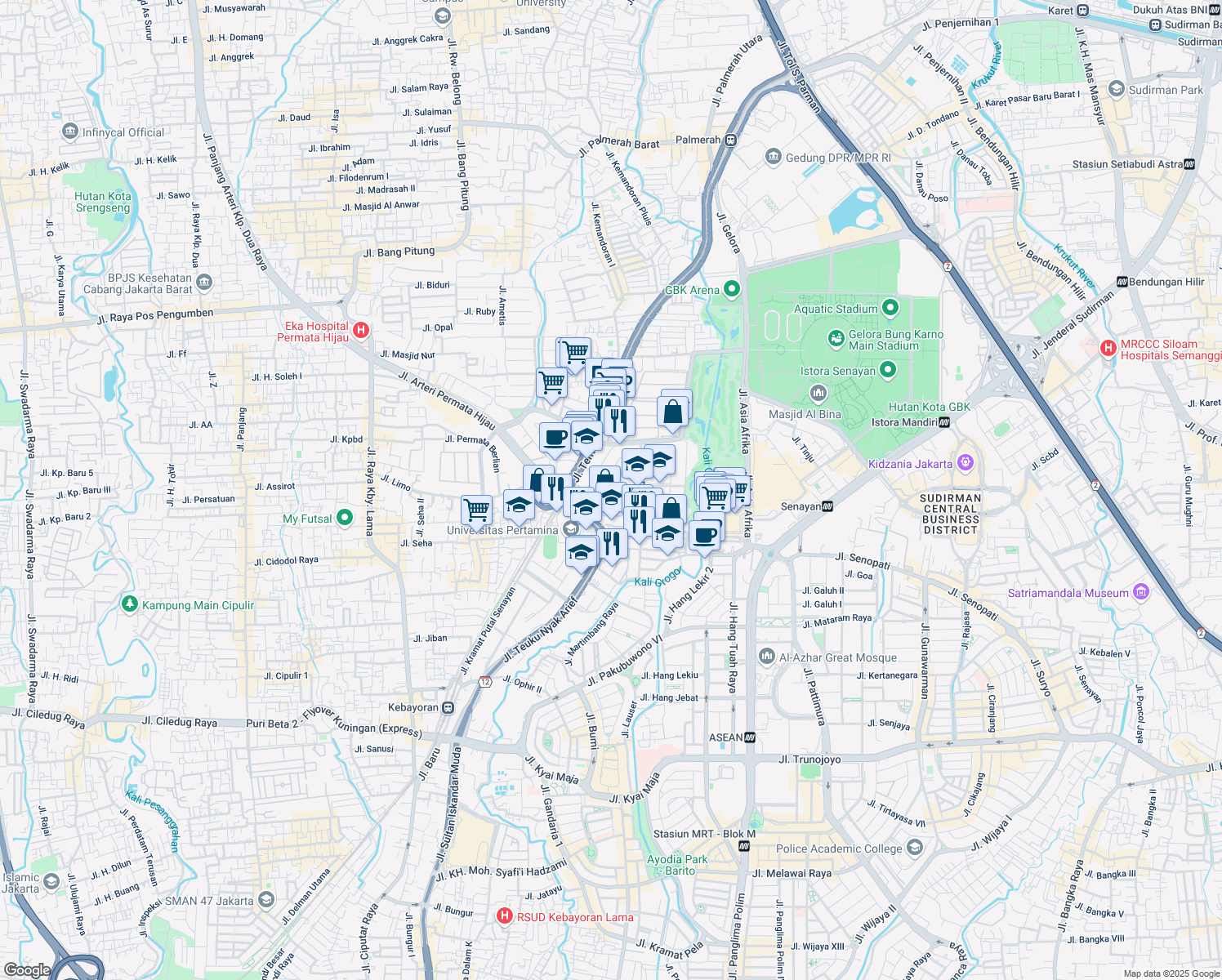 map of restaurants, bars, coffee shops, grocery stores, and more near 4C Jalan Simprug 18 in Kota Jakarta Selatan