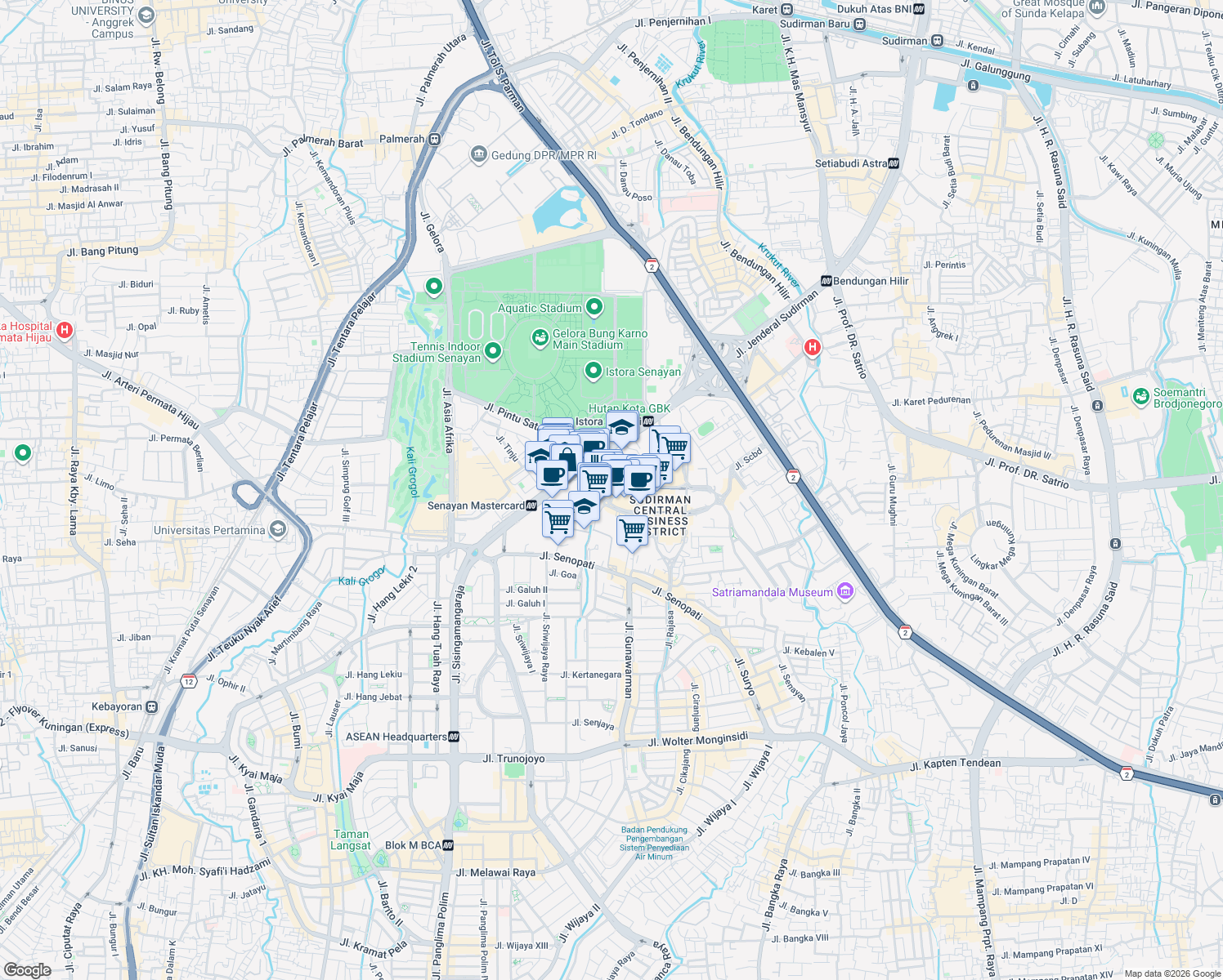 map of restaurants, bars, coffee shops, grocery stores, and more near Kav. 52-53 Jalan Jenderal Sudirman in Kota Jakarta Selatan