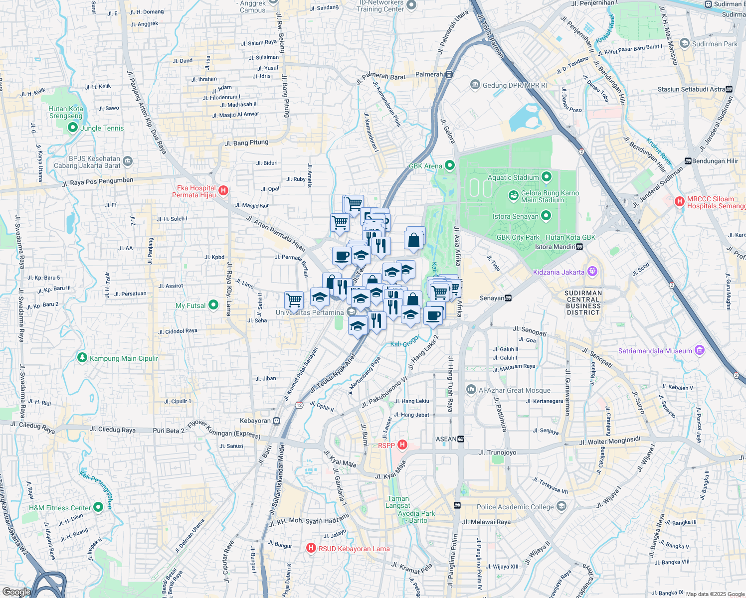 map of restaurants, bars, coffee shops, grocery stores, and more near 4 Jalan Rawa Simprug II in Kota Jakarta Selatan