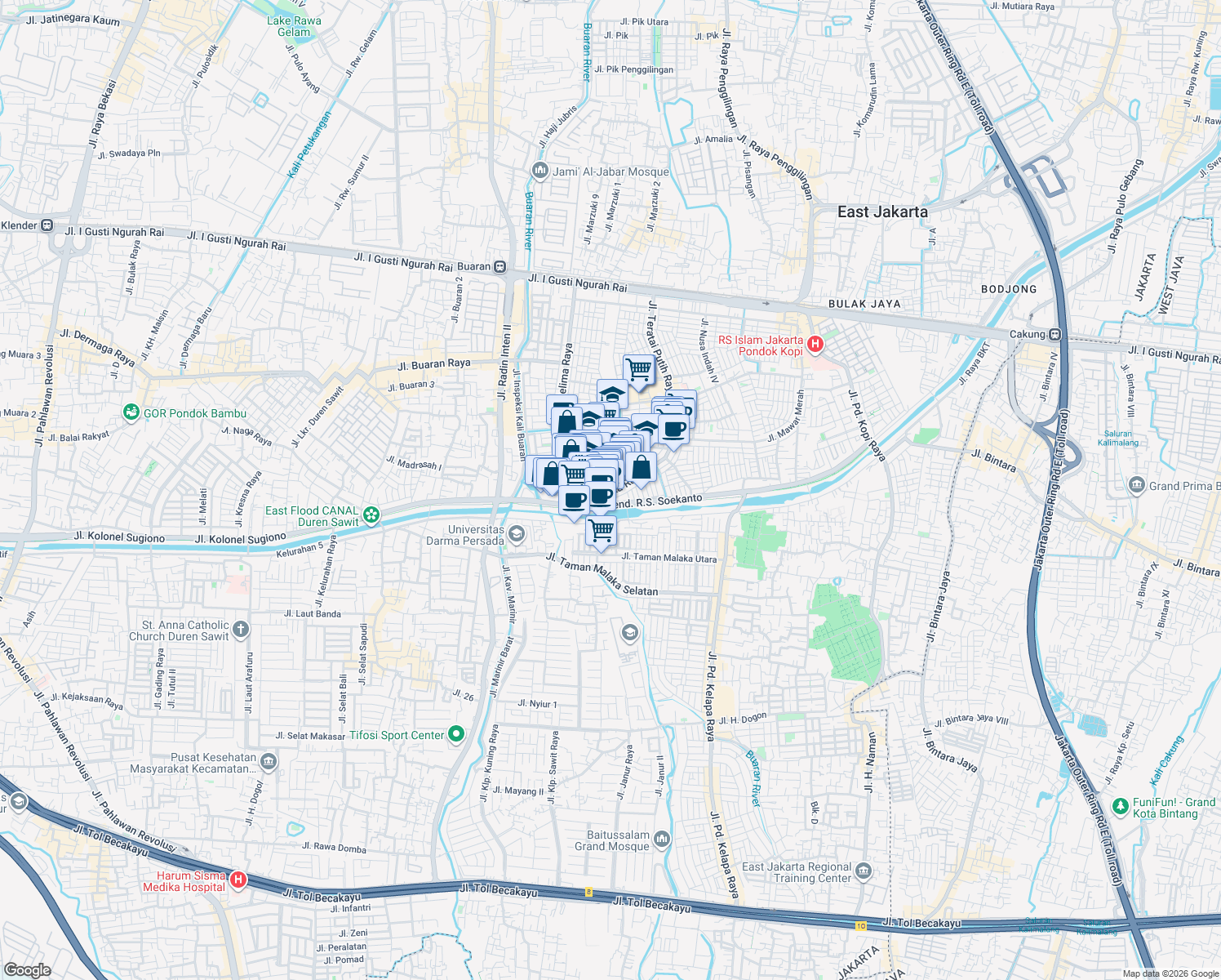 map of restaurants, bars, coffee shops, grocery stores, and more near 93 Jalan Malaka Raya in Kota Jakarta Timur