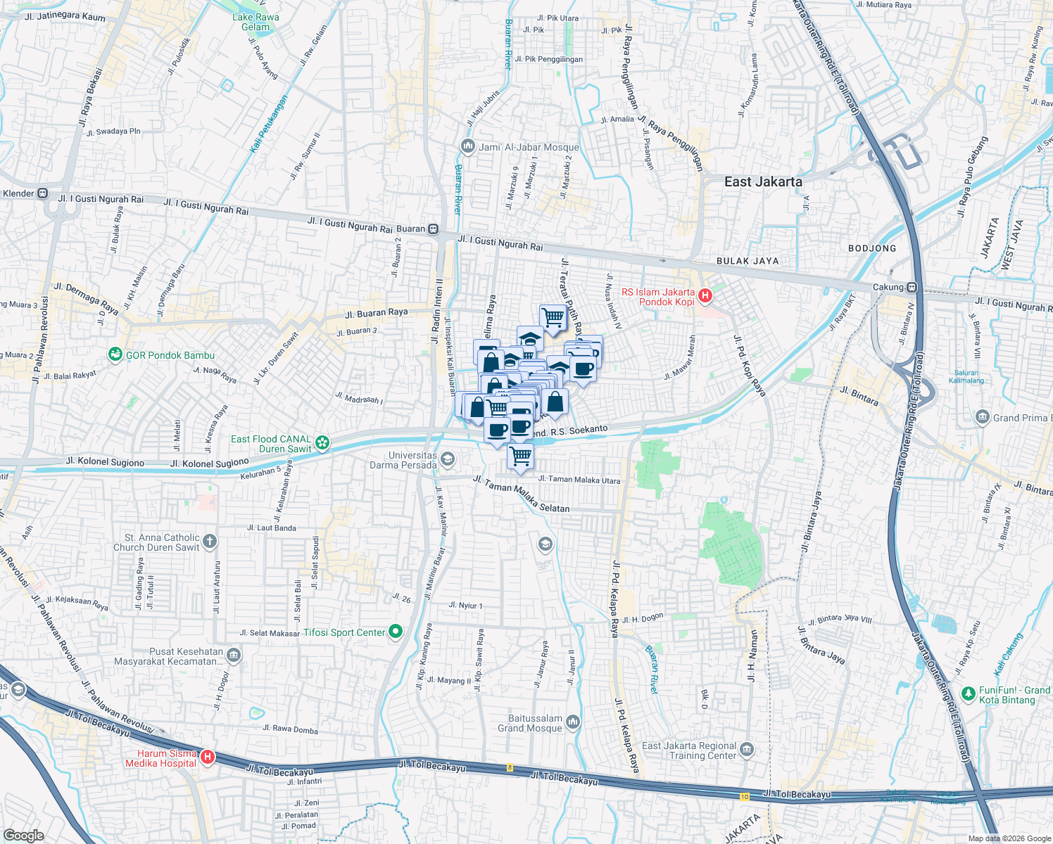 map of restaurants, bars, coffee shops, grocery stores, and more near 93 Jalan Malaka in Kota Jakarta Timur