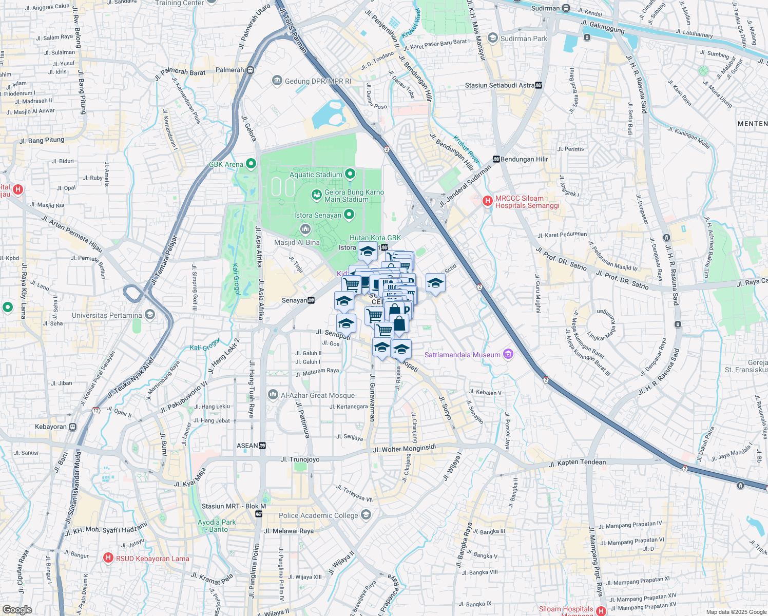map of restaurants, bars, coffee shops, grocery stores, and more near 52-53 Jalan Jendral Sudirman in Kota Jakarta Selatan