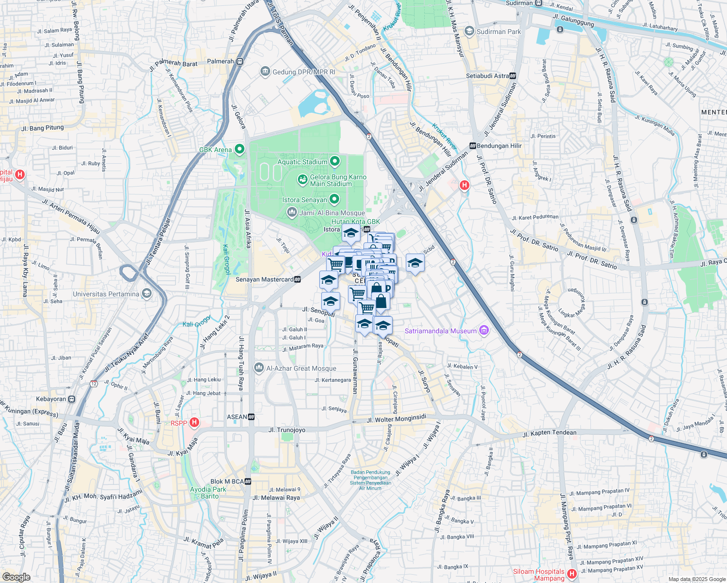 map of restaurants, bars, coffee shops, grocery stores, and more near Kav. 52-53 Jalan Jendral Sudirman in Kota Jakarta Selatan