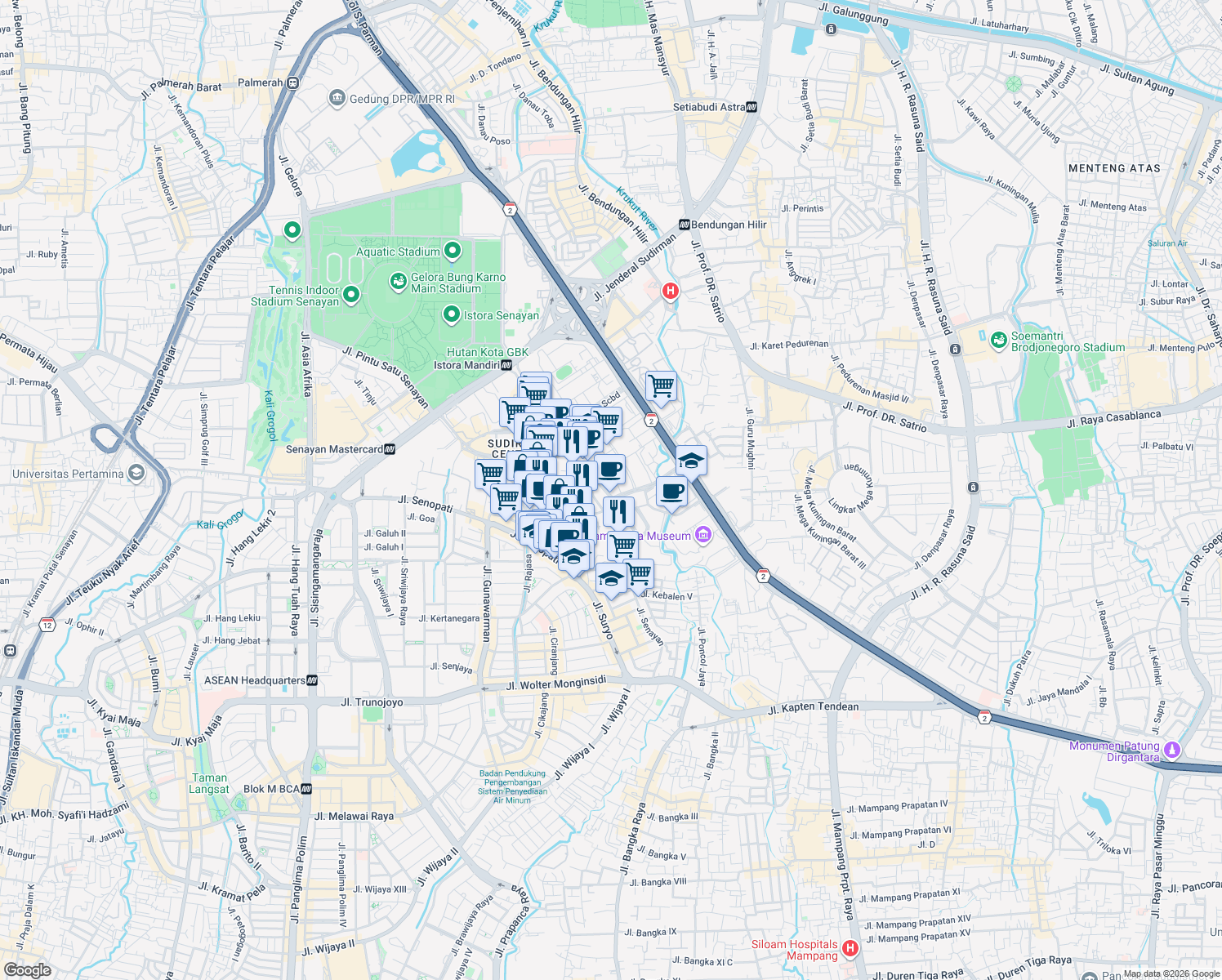 map of restaurants, bars, coffee shops, grocery stores, and more near 24 Jalan Widya Chandra V in Kota Jakarta Selatan