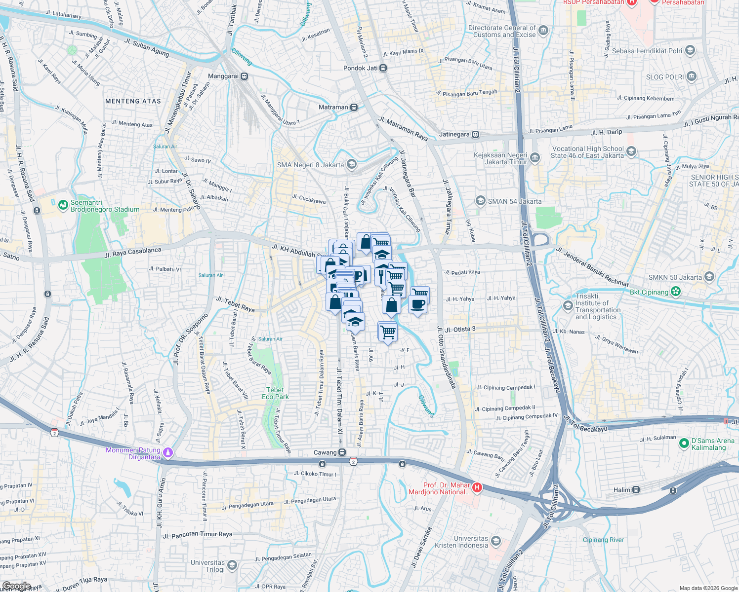 map of restaurants, bars, coffee shops, grocery stores, and more near Jalan Gudang Peluru Raya in Kota Jakarta Selatan