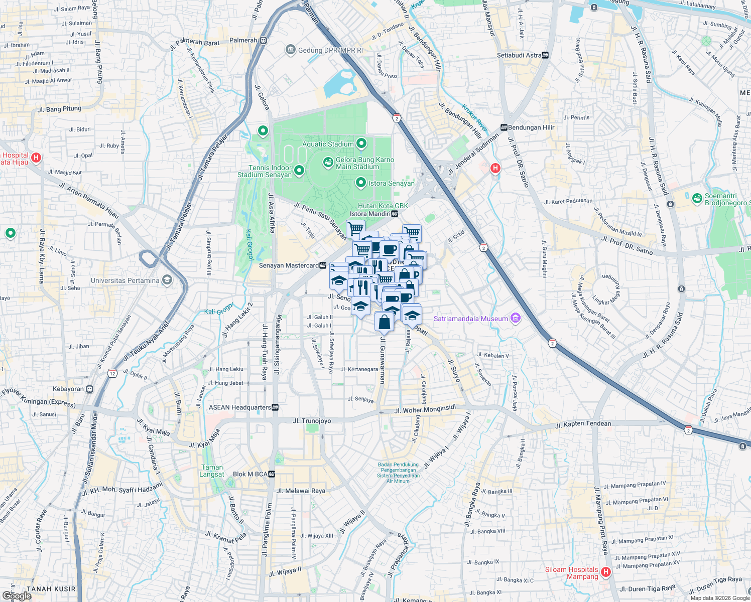 map of restaurants, bars, coffee shops, grocery stores, and more near 8 Jalan Senopati in Kota Jakarta Selatan