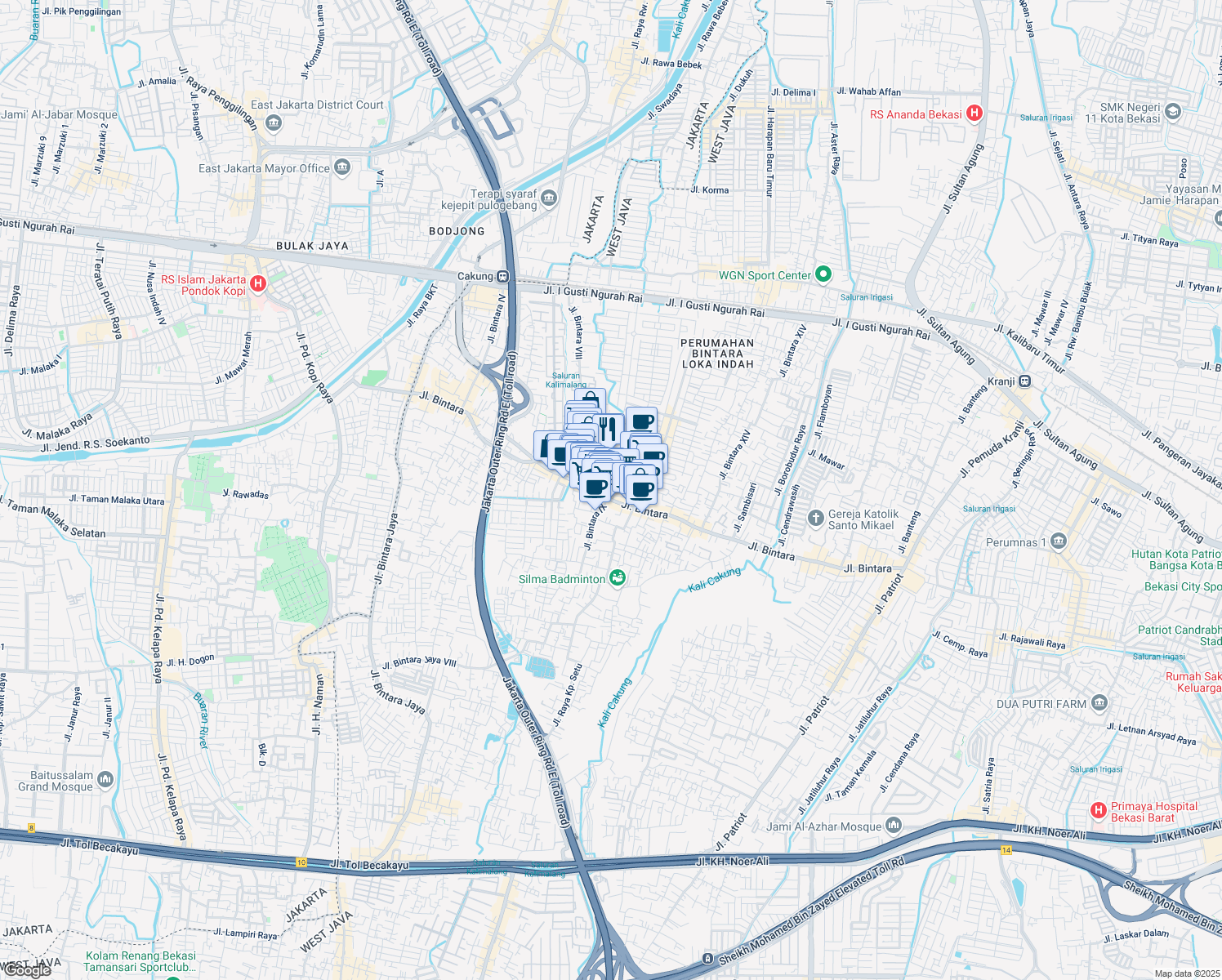 map of restaurants, bars, coffee shops, grocery stores, and more near 6 Jalan Bintara Raya in Kota Bekasi