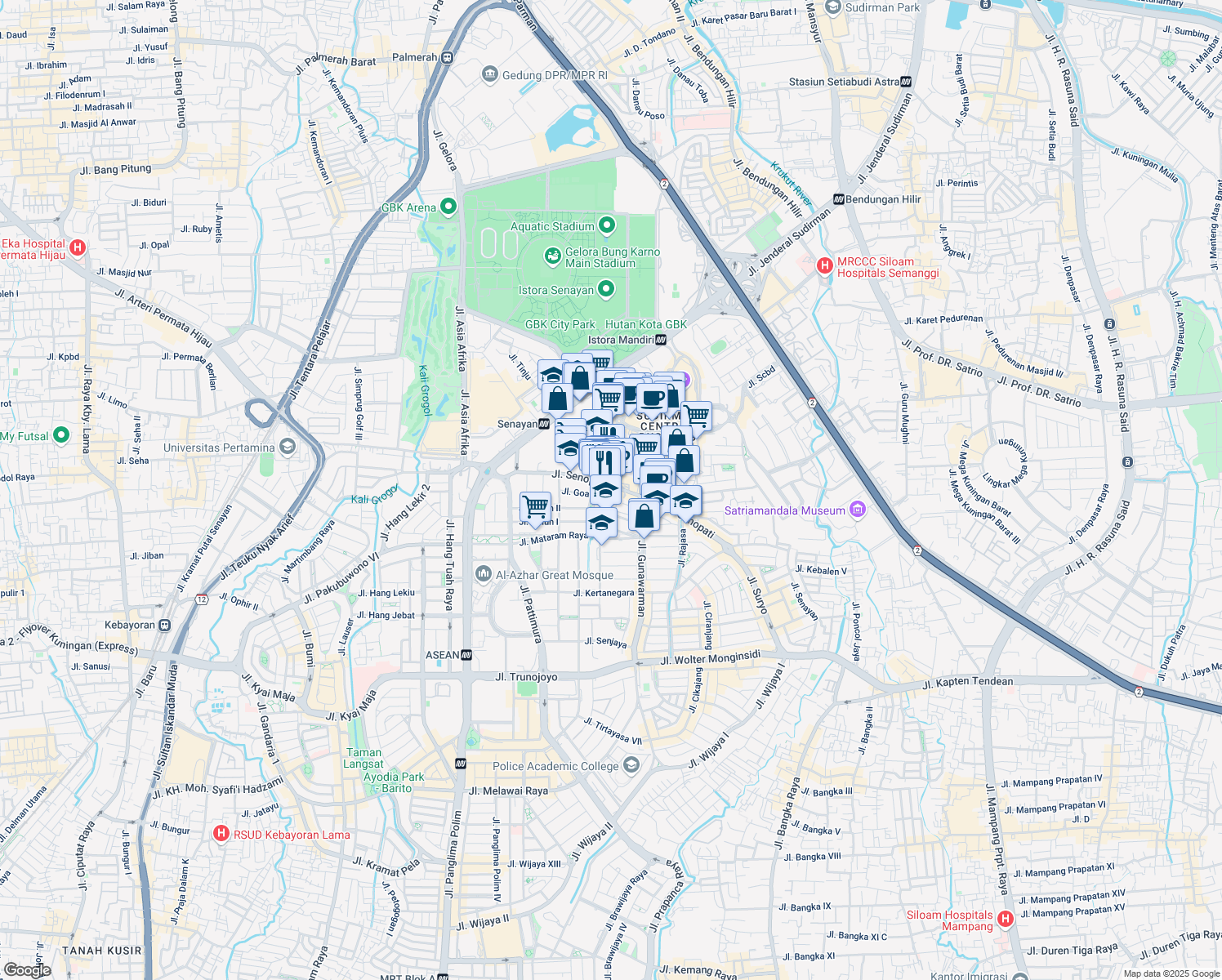 map of restaurants, bars, coffee shops, grocery stores, and more near 20 Jalan Senopati in Kota Jakarta Selatan