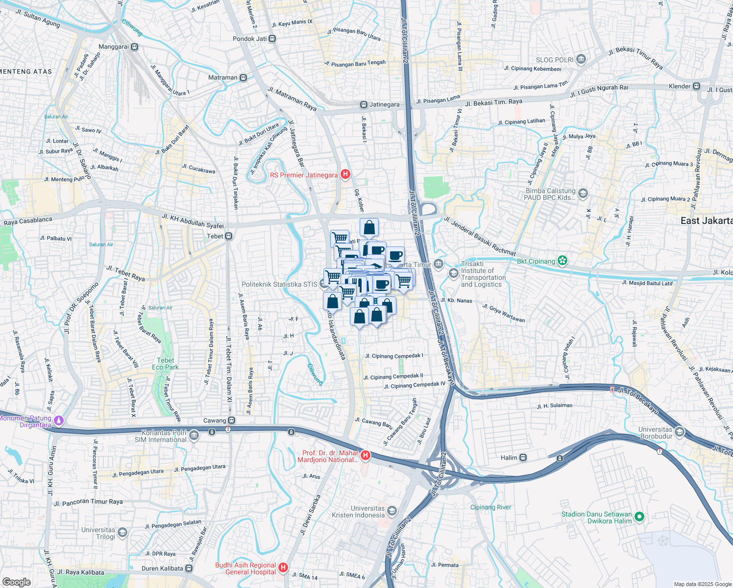 map of restaurants, bars, coffee shops, grocery stores, and more near 3 Jalan Otto Iskandar Dinata 3 in East Jakarta
