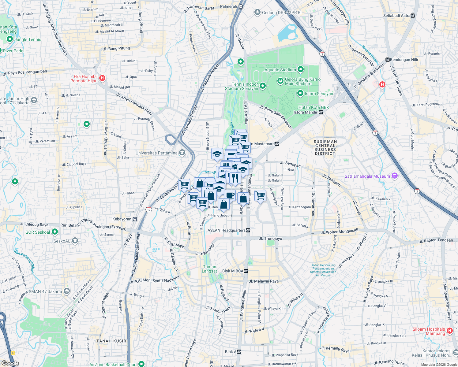 map of restaurants, bars, coffee shops, grocery stores, and more near 20a Jalan Hang Lekir X in Kota Jakarta Selatan