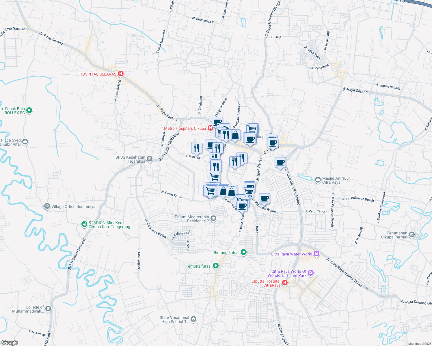 map of restaurants, bars, coffee shops, grocery stores, and more near Jalan Padat Karya in Tangerang