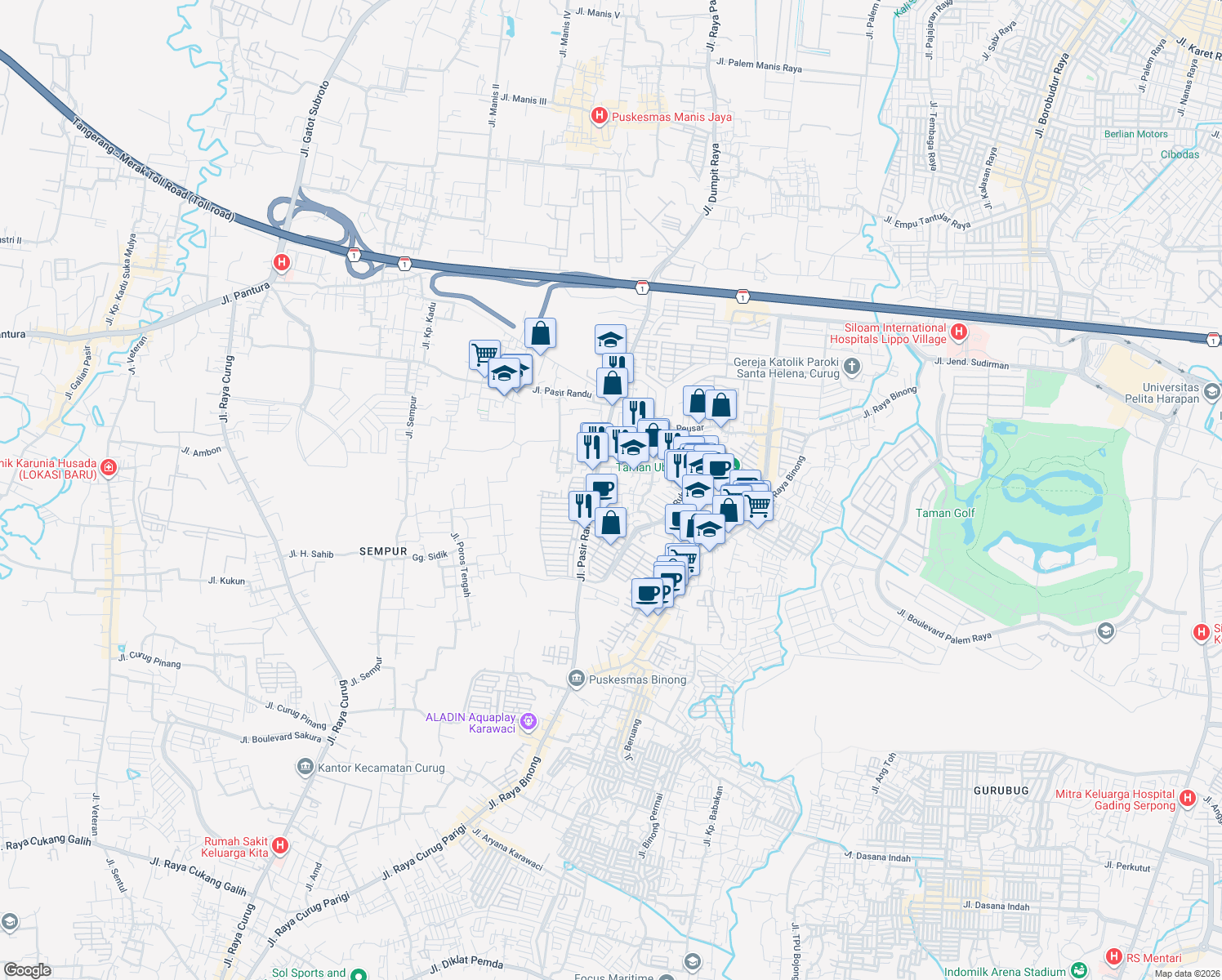 map of restaurants, bars, coffee shops, grocery stores, and more near Jalan Pasir Randu in Tangerang