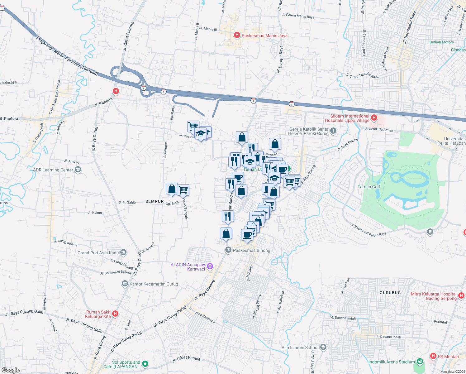 map of restaurants, bars, coffee shops, grocery stores, and more near Jalan Pasir Randu in Tangerang