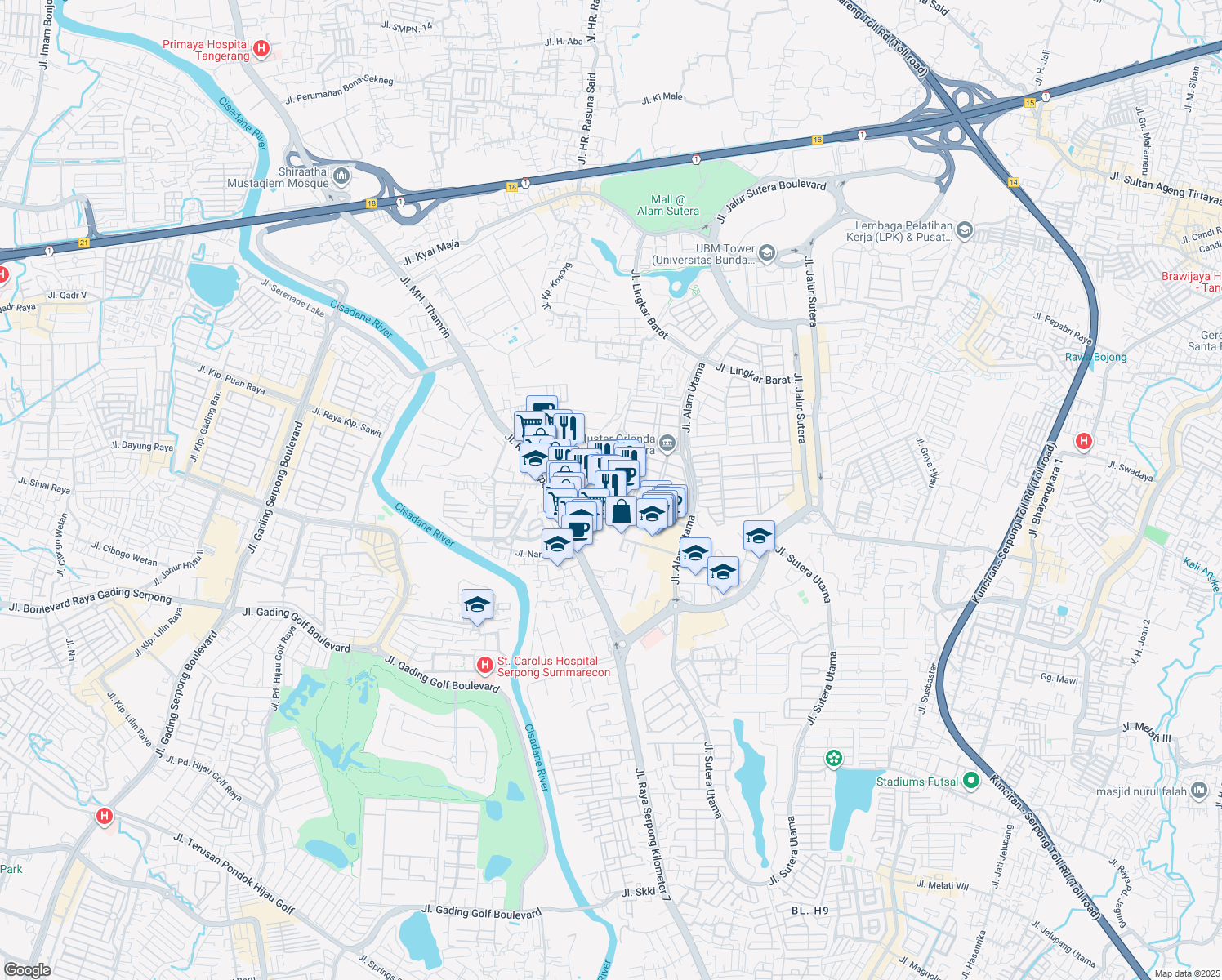 map of restaurants, bars, coffee shops, grocery stores, and more near Jalan Sutera Jingga IX in Kota Tangerang Selatan