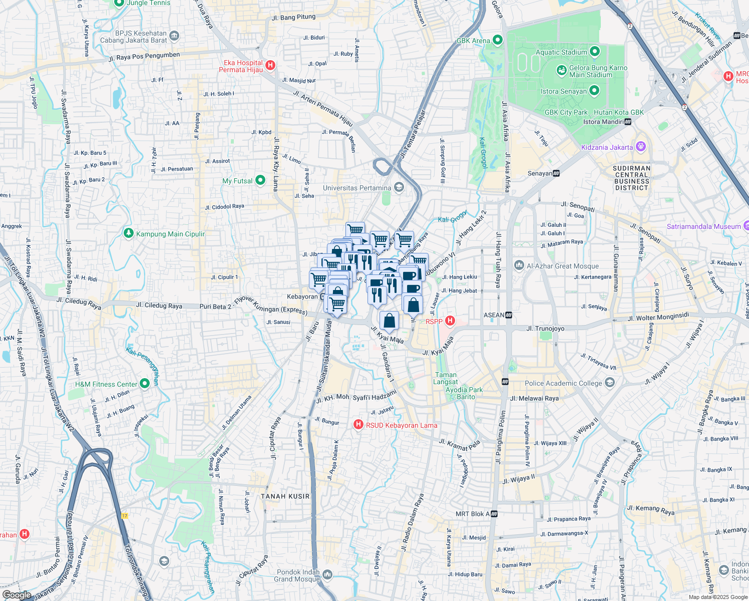 map of restaurants, bars, coffee shops, grocery stores, and more near 57 Jalan Pakubuwono VI in Kota Jakarta Selatan