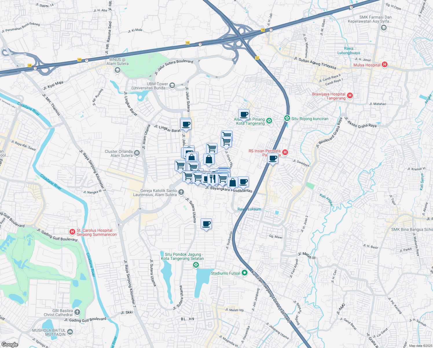 map of restaurants, bars, coffee shops, grocery stores, and more near 78 Jalan Bhayangkara in Kota Tangerang Selatan