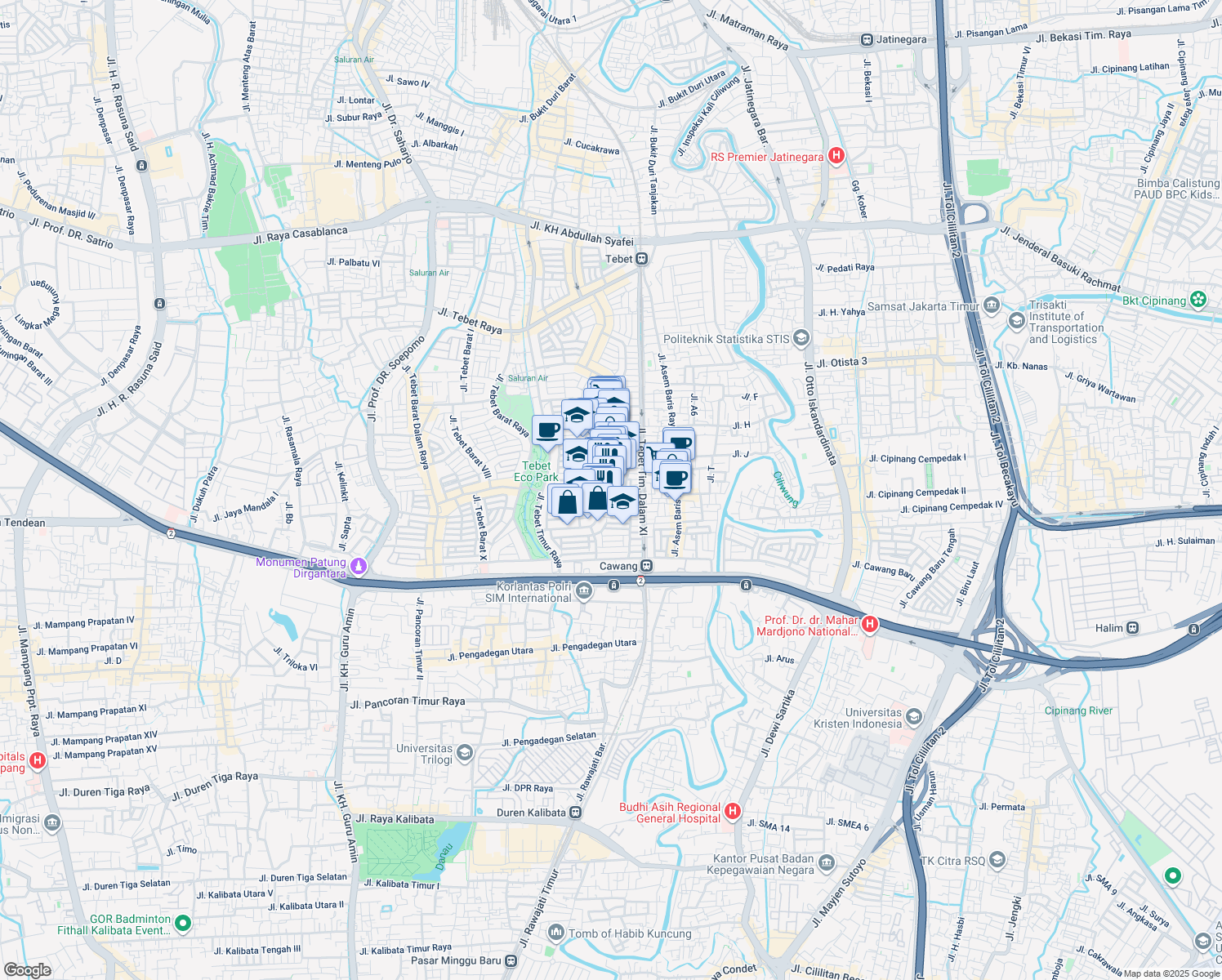 map of restaurants, bars, coffee shops, grocery stores, and more near 127 Jalan Tebet Timur Dalam Raya in Kota Jakarta Selatan