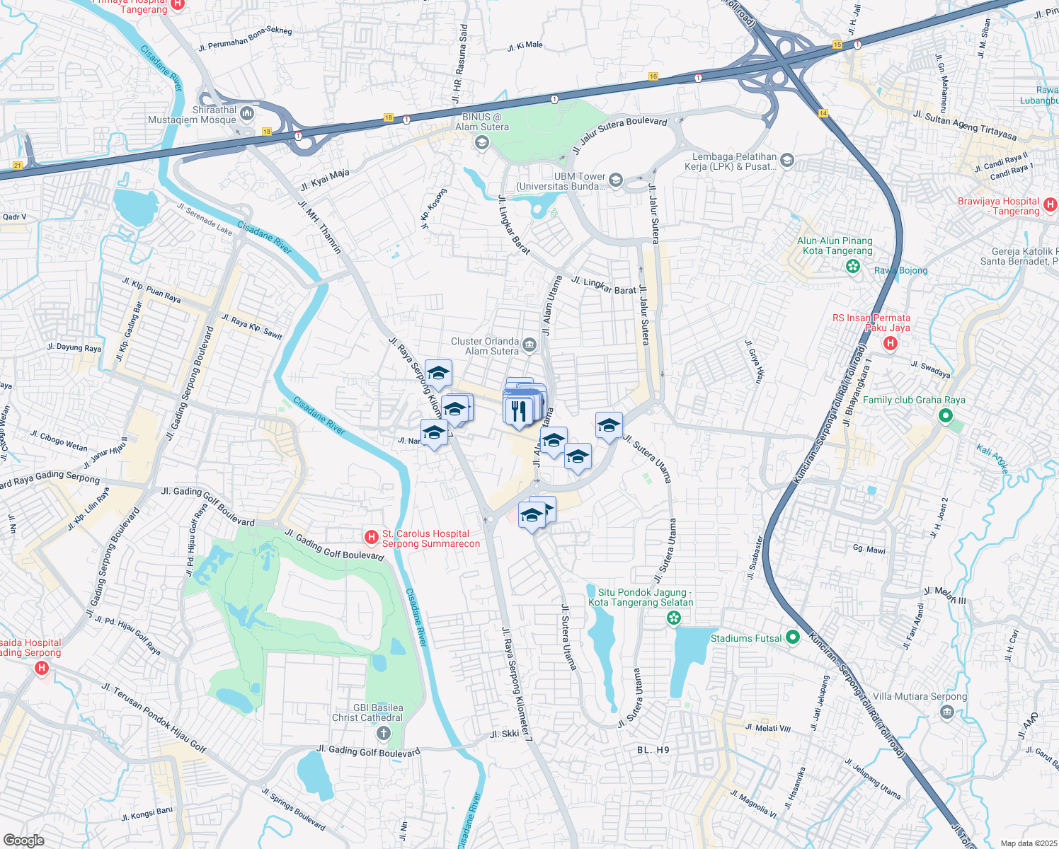 map of restaurants, bars, coffee shops, grocery stores, and more near Kav-2 Jalan Alam Utama in Kota Tangerang Selatan
