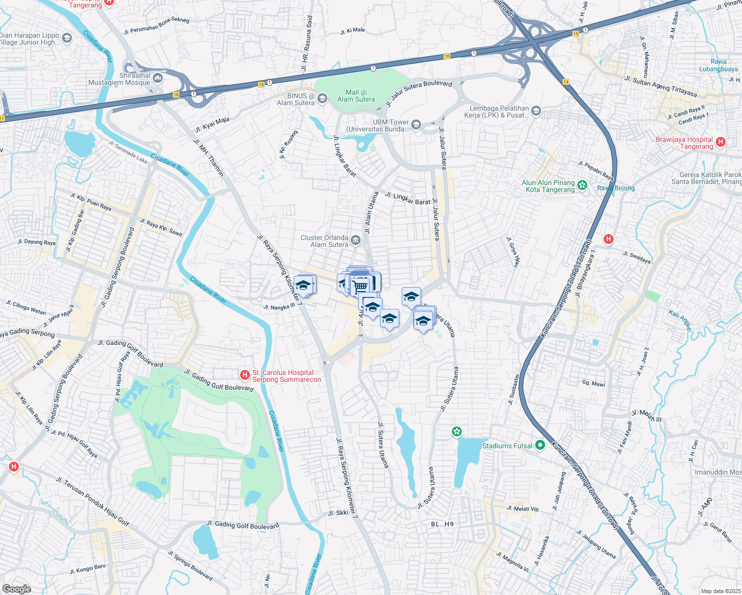 map of restaurants, bars, coffee shops, grocery stores, and more near Kav-2 Jalan Alam Utama in Kota Tangerang Selatan