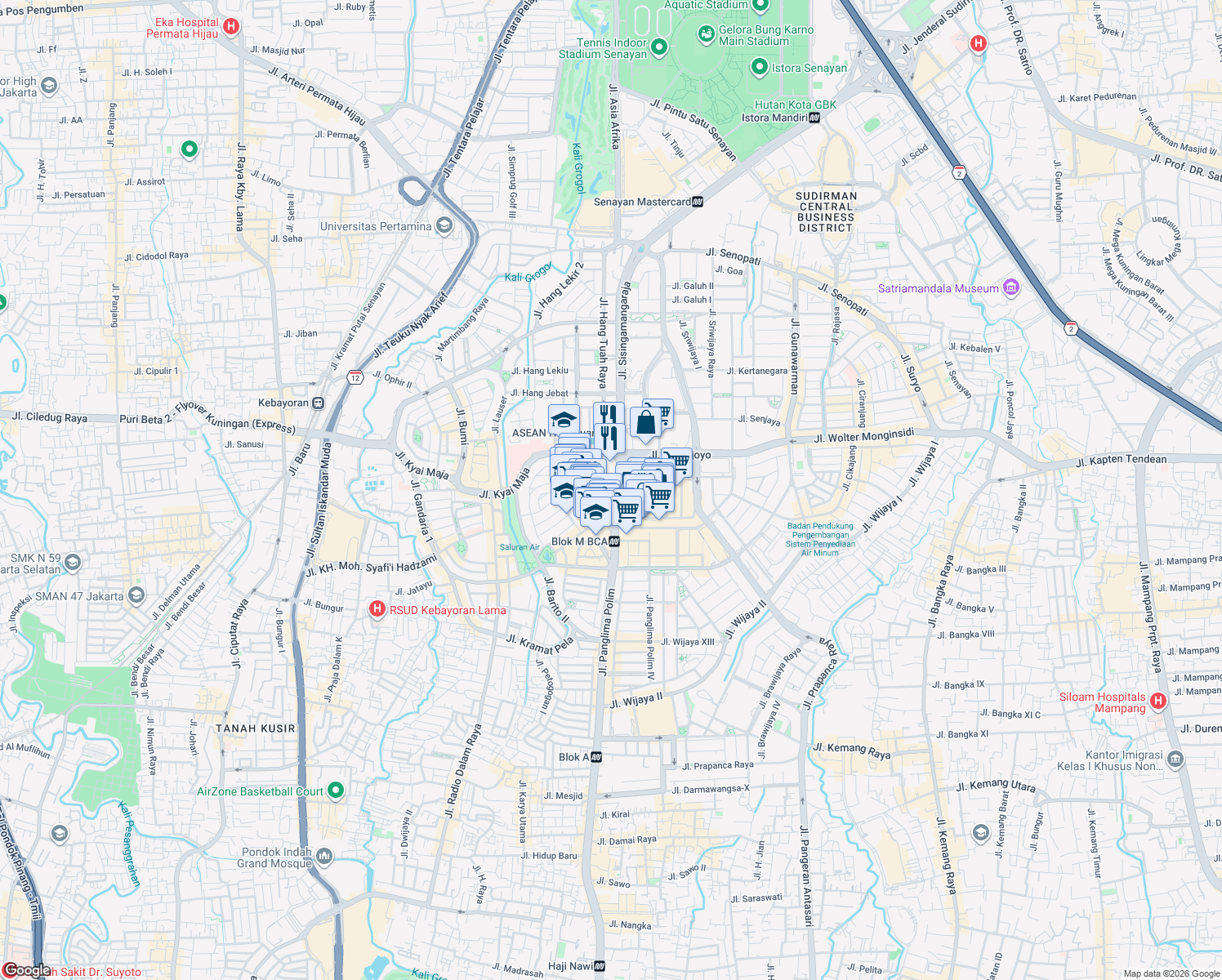 map of restaurants, bars, coffee shops, grocery stores, and more near 37E Jalan Panglima Polim Raya in Kota Jakarta Selatan