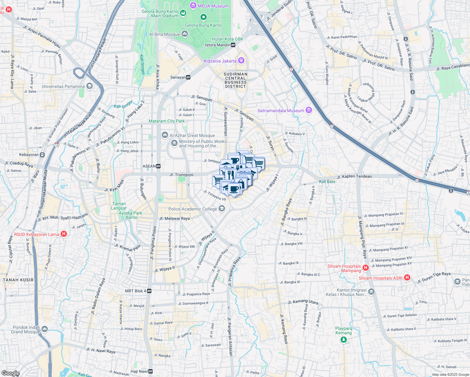 map of restaurants, bars, coffee shops, grocery stores, and more near Jalan Cililin I in Kota Jakarta Selatan