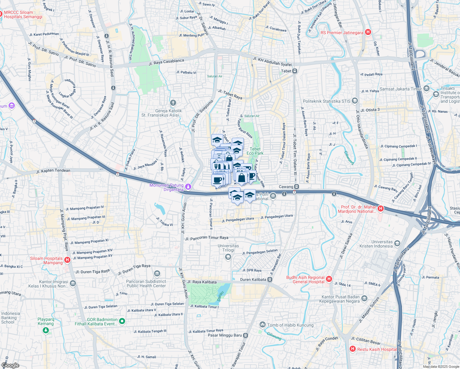 map of restaurants, bars, coffee shops, grocery stores, and more near 10 Jalan Tebet Barat Dalam X in Kota Jakarta Selatan