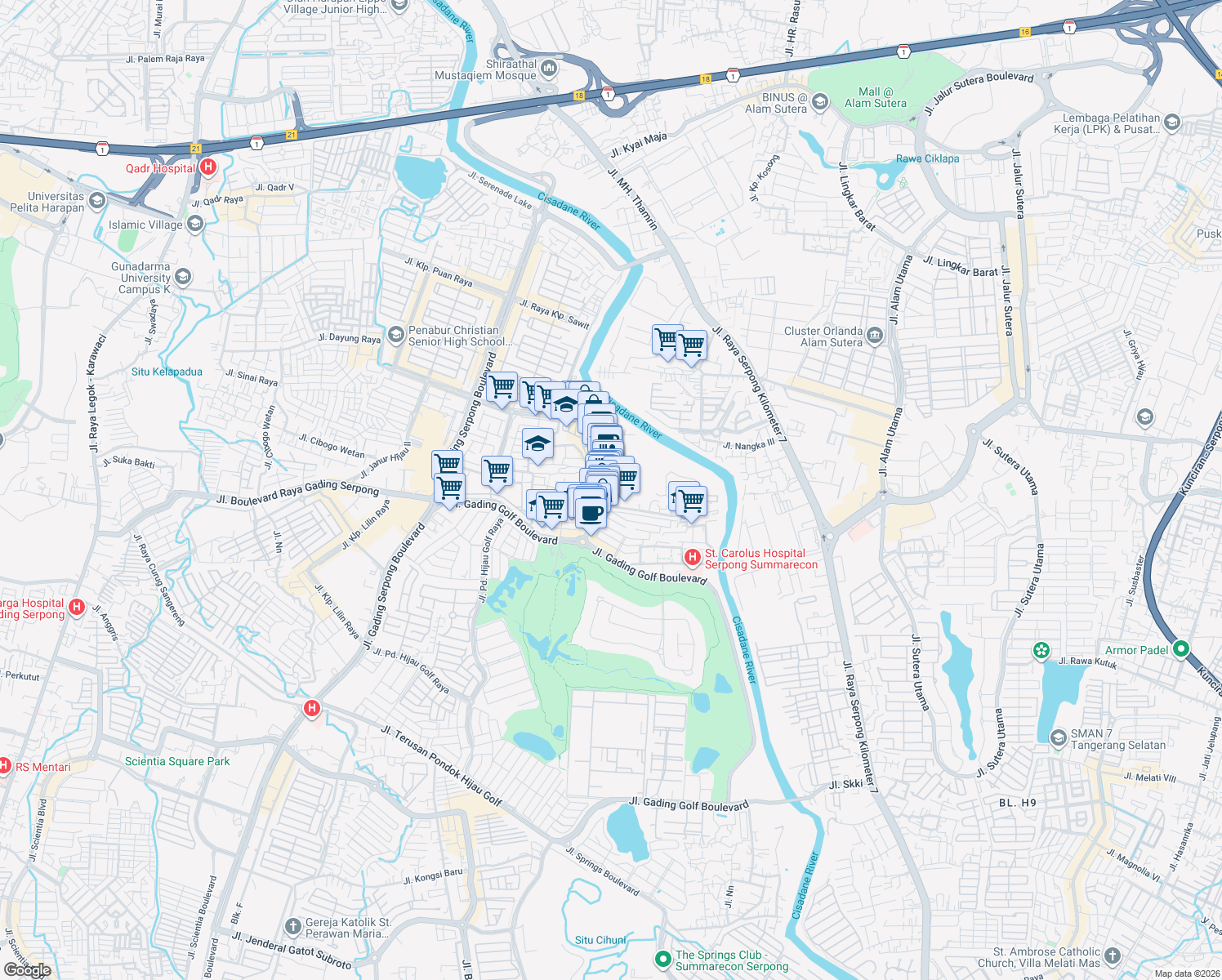 map of restaurants, bars, coffee shops, grocery stores, and more near Jalan Ki Hajar Dewantara in Tangerang