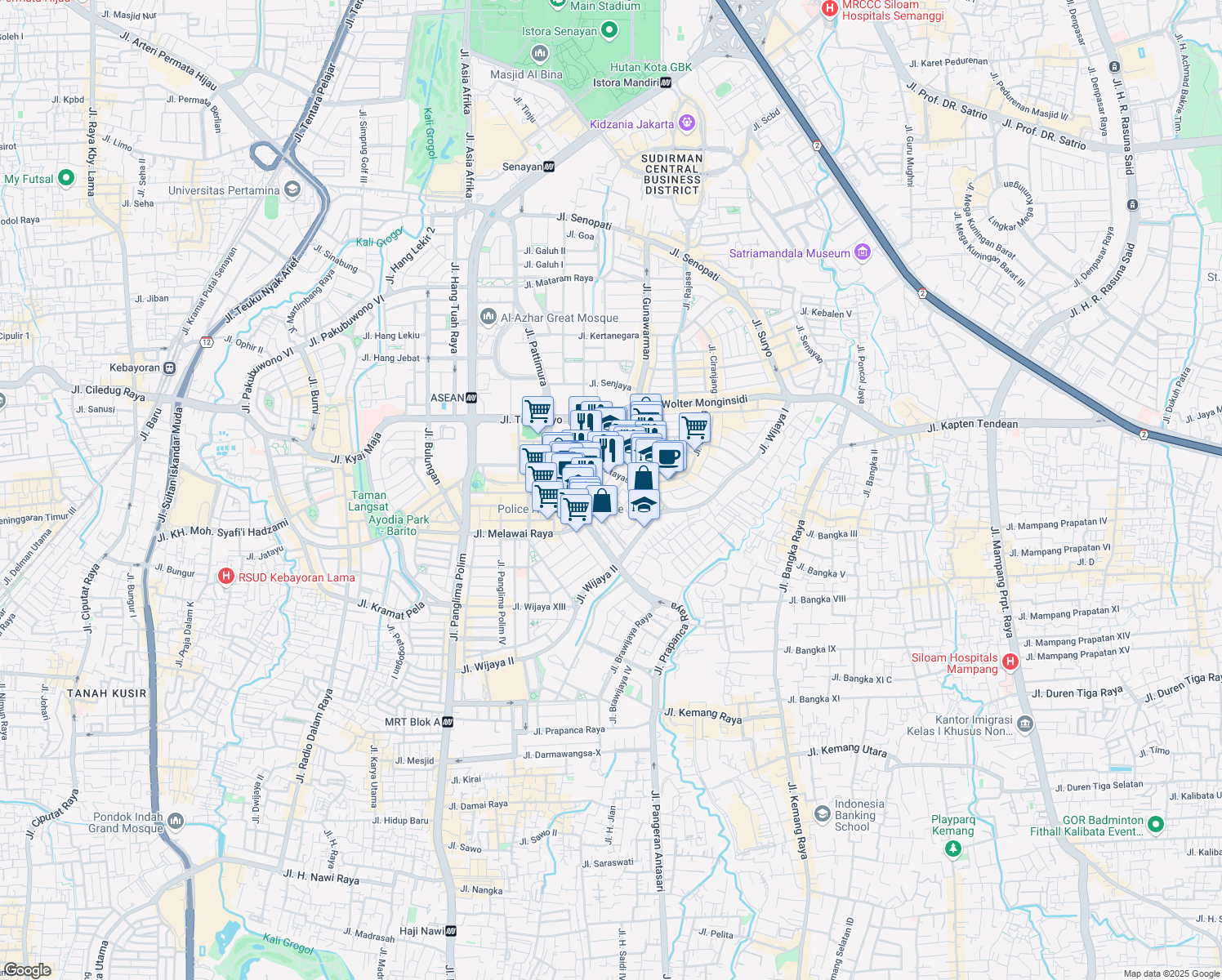 map of restaurants, bars, coffee shops, grocery stores, and more near 2 Jalan Tirtayasa VIII in Kota Jakarta Selatan