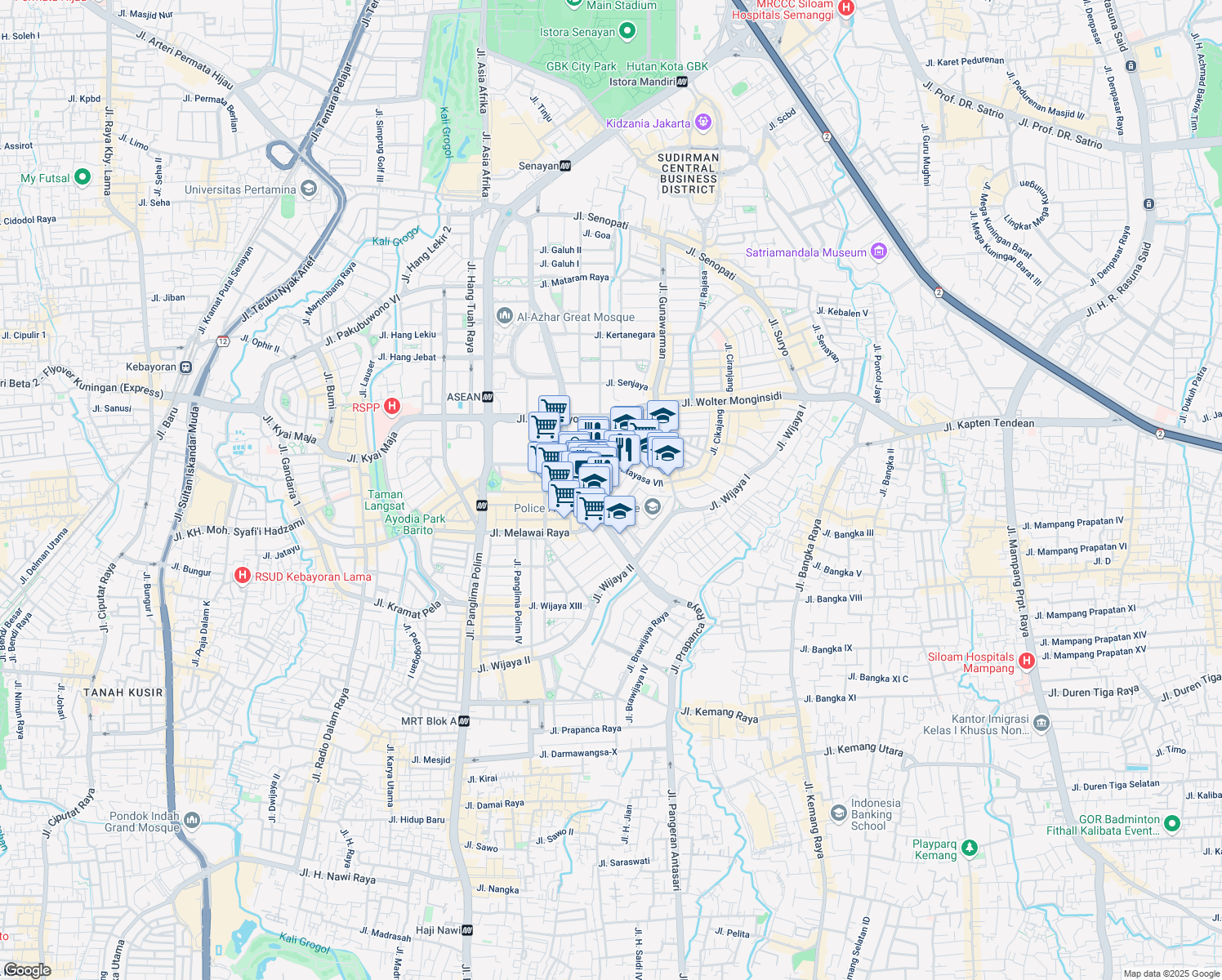 map of restaurants, bars, coffee shops, grocery stores, and more near 2 Jalan Tirtayasa VIII in Kota Jakarta Selatan