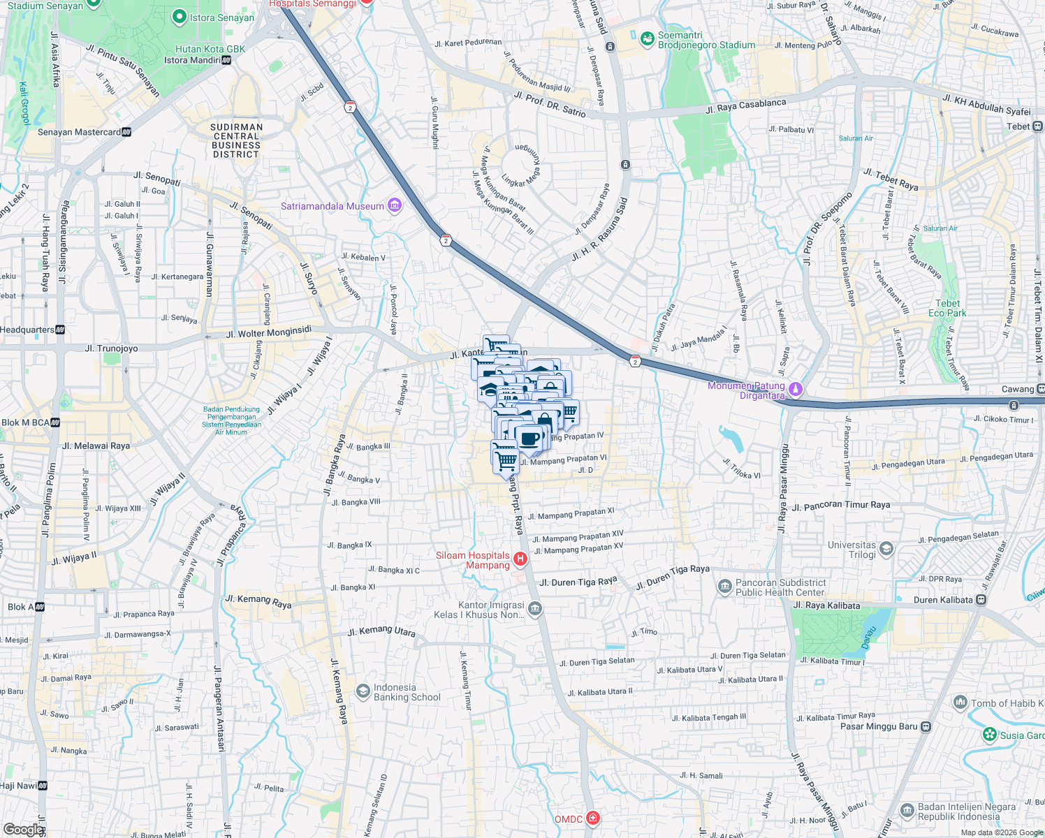 map of restaurants, bars, coffee shops, grocery stores, and more near 49 Jalan Mampang Prapatan III in Kota Jakarta Selatan